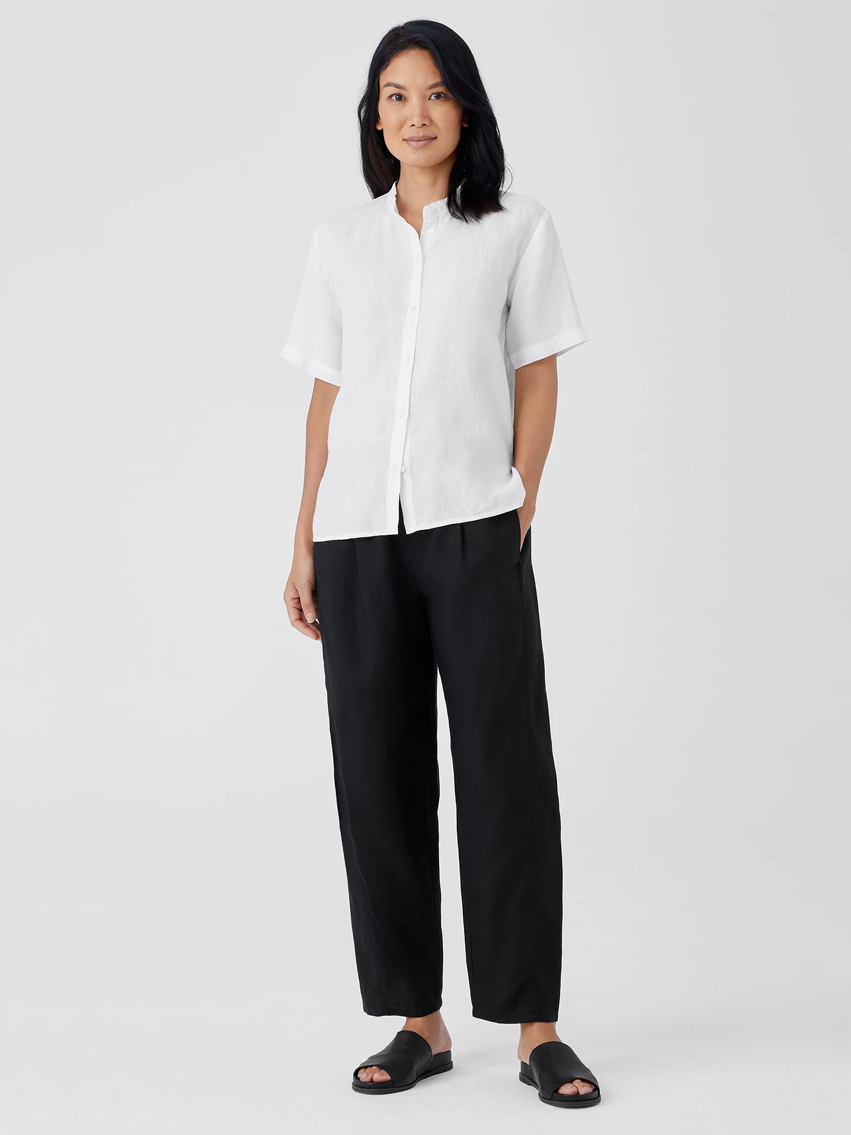 Organic Handkerchief Linen Band Collar Short-Sleeve Shirt