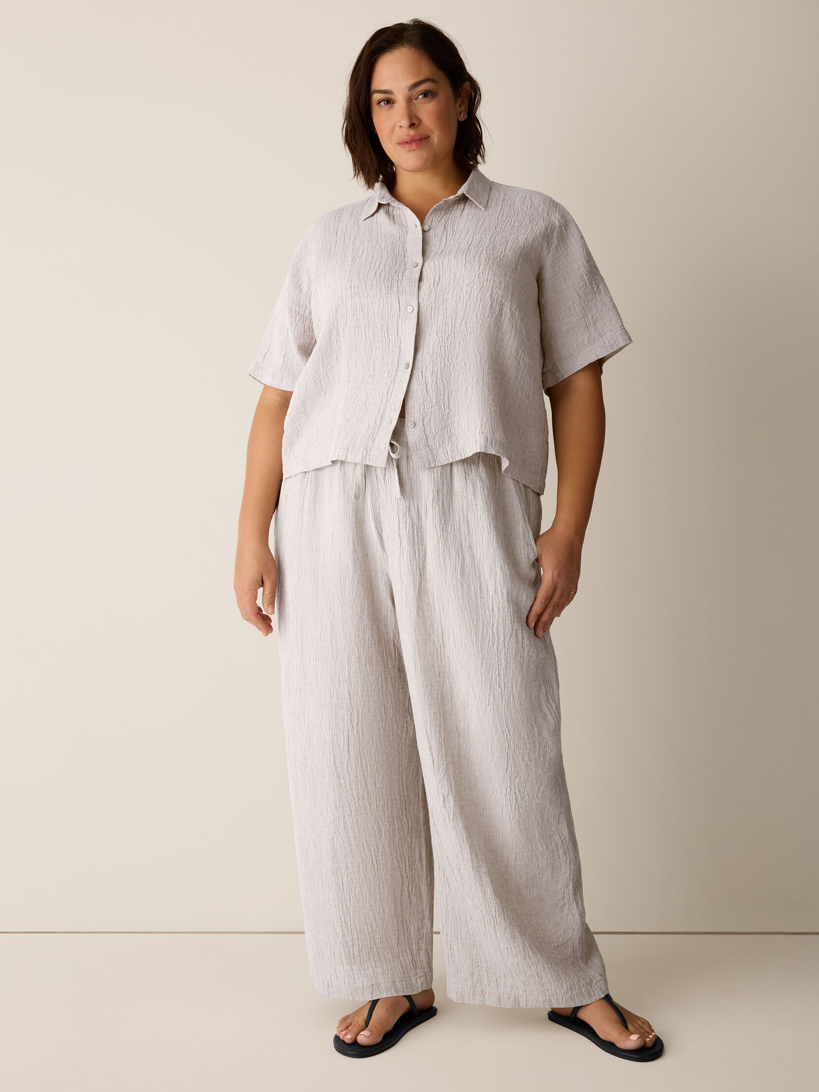 Puckered Organic Linen Stripe Wide-Leg Pant