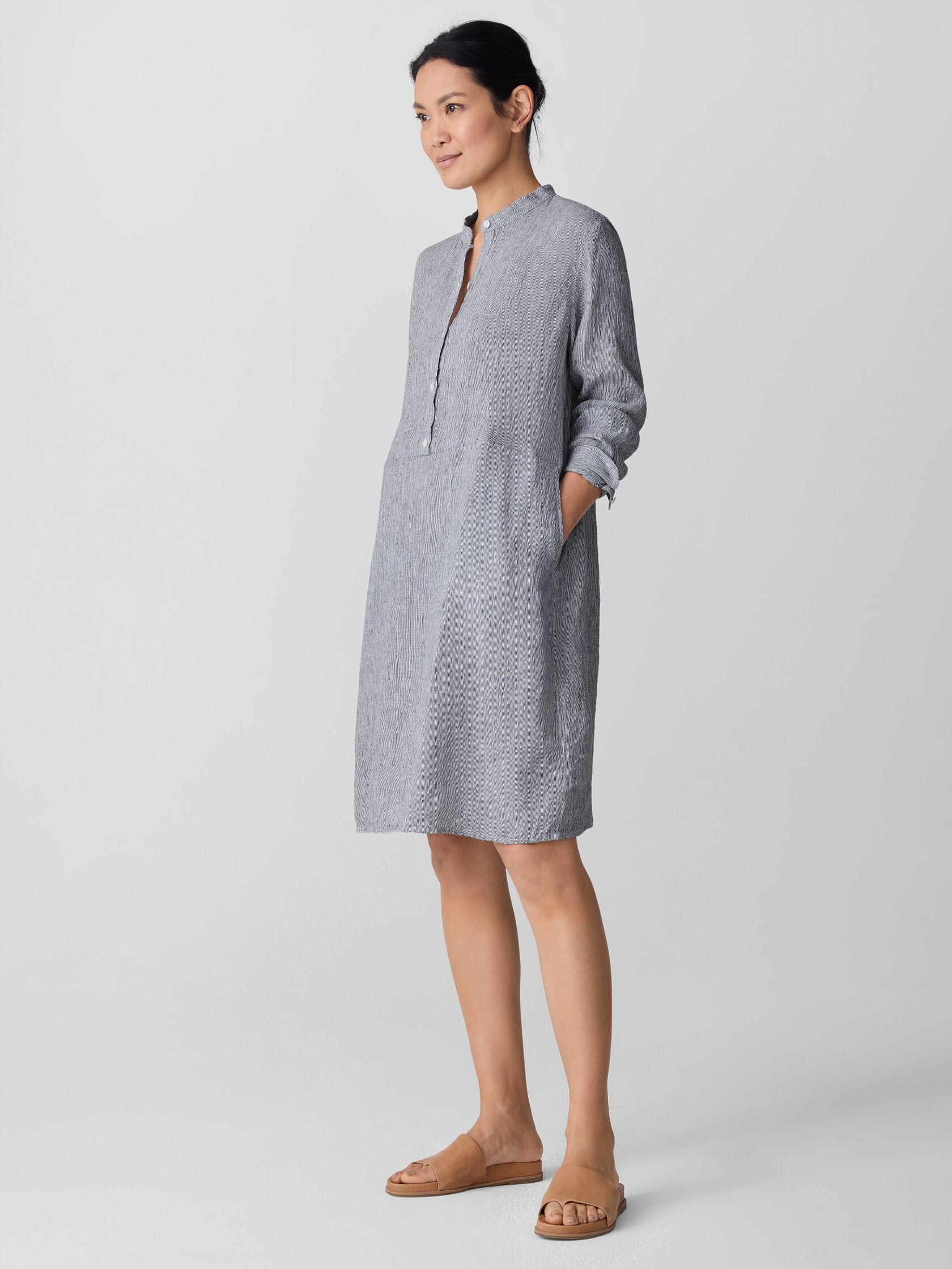 Puckered Organic Linen Stripe Band Collar Shirtdress