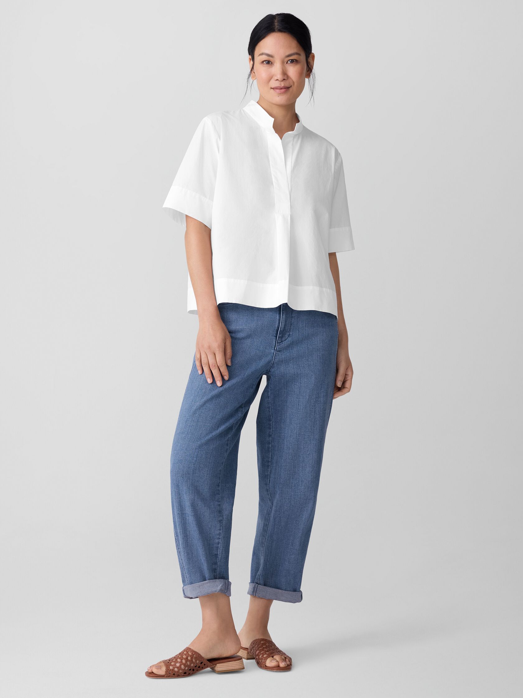 Washed Organic Cotton Poplin Split Neck Top