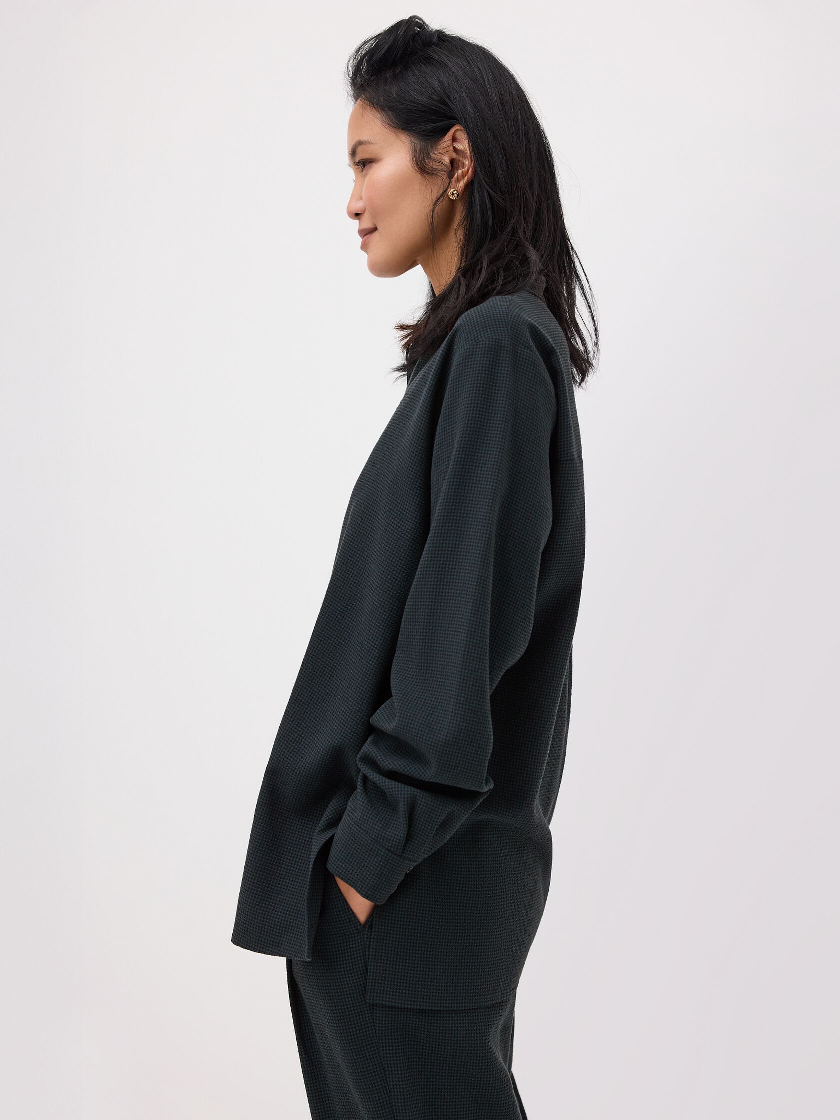 Mini Check Crepe Band Collar Top