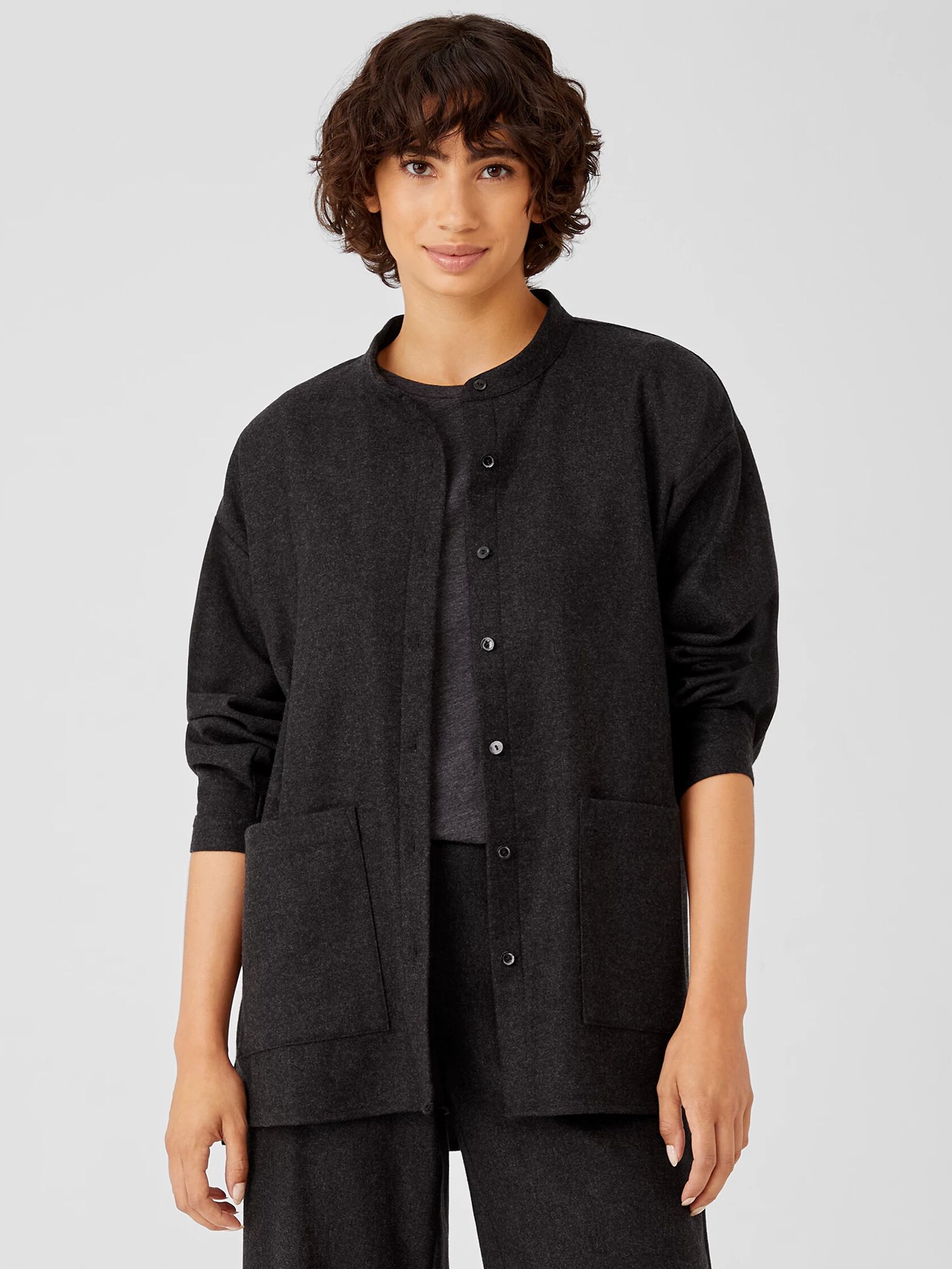Soft Wool Flannel Mandarin Collar Shirt