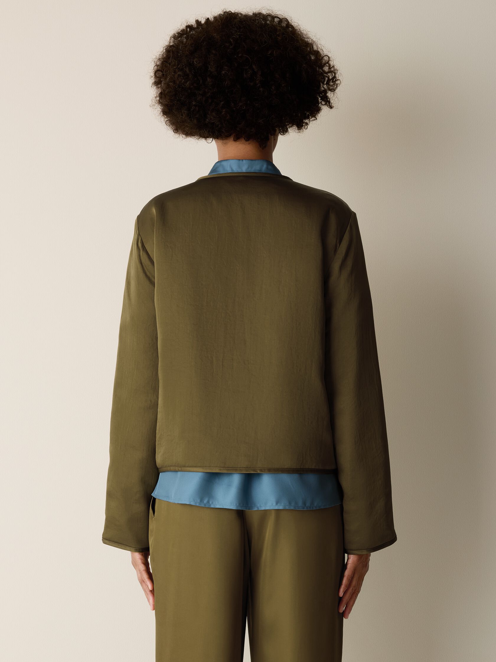 Smooth Satin Shimmer Padded Round Neck Jacket