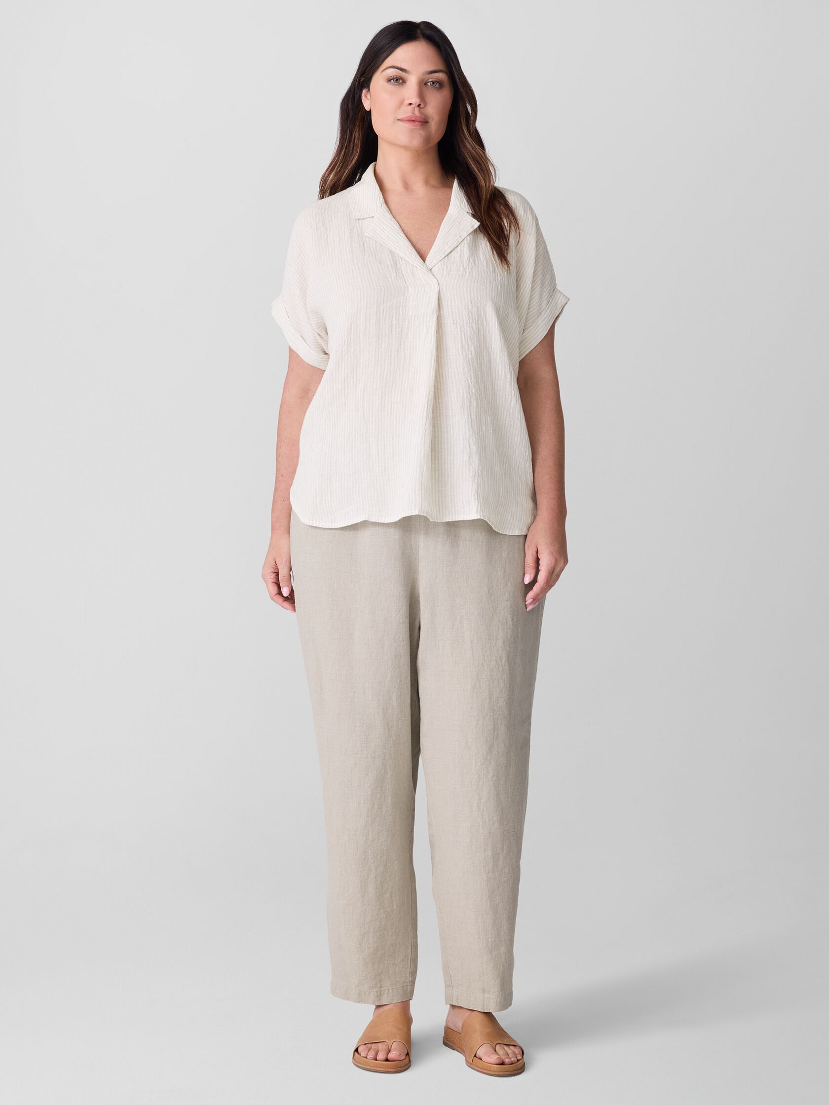 Puckered Organic Linen Stripe Notch Collar Top