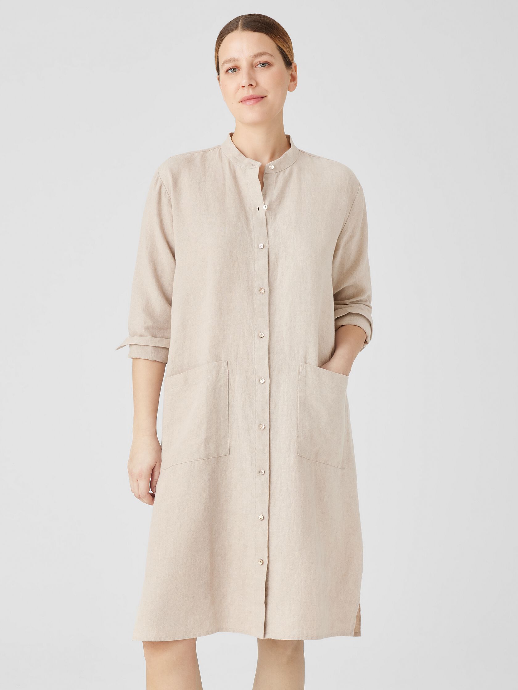 Organic Linen Mandarin Collar Dress | EILEEN FISHER