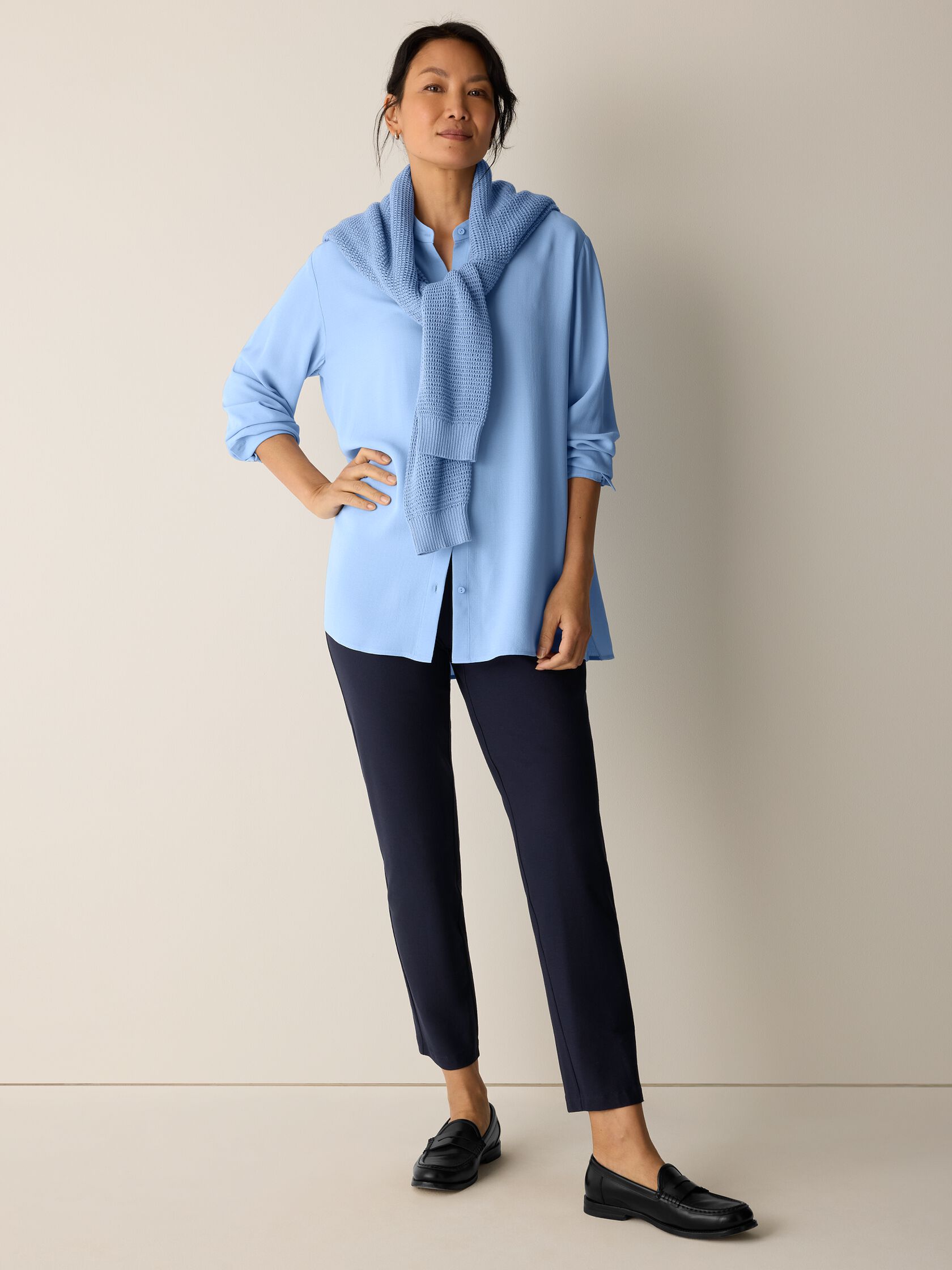 Silk Georgette Crepe Band Collar Shirt