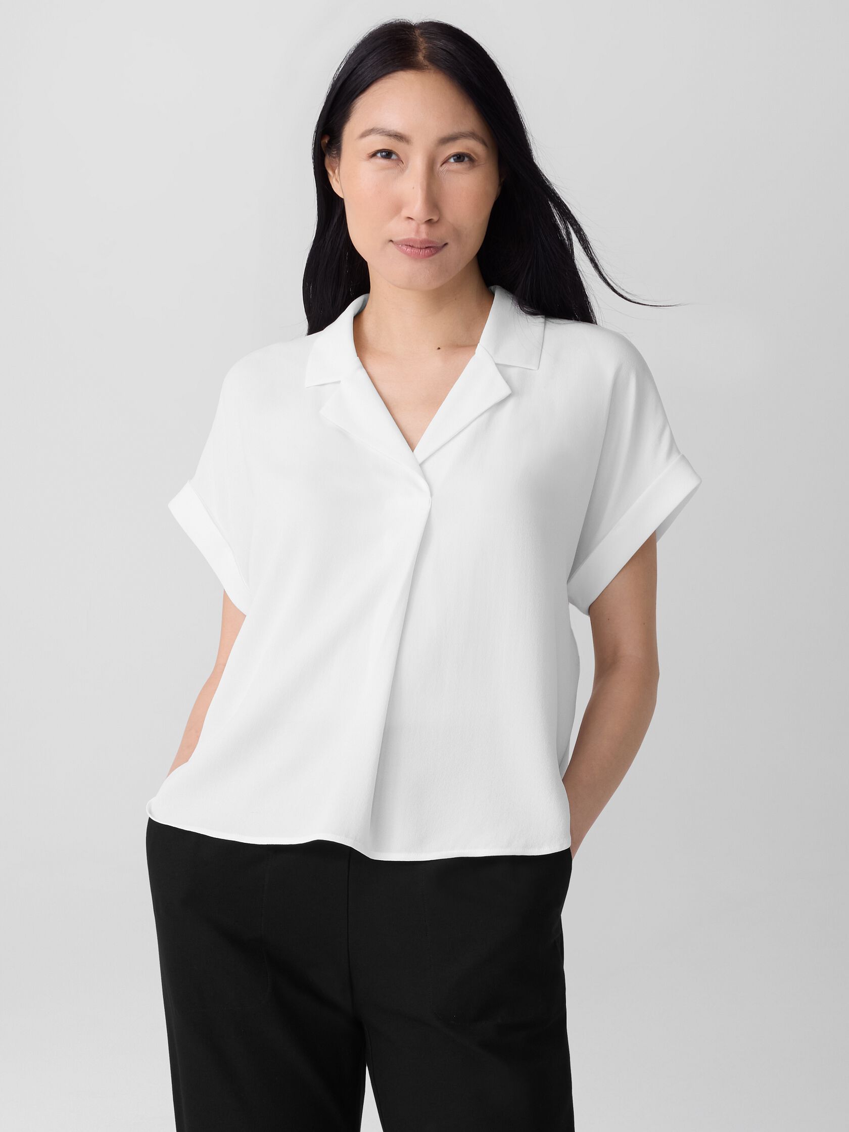 Silk Georgette Crepe Notch Collar Top