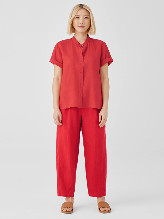 Organic Handkerchief Linen Band Collar Short-Sleeve Shirt
