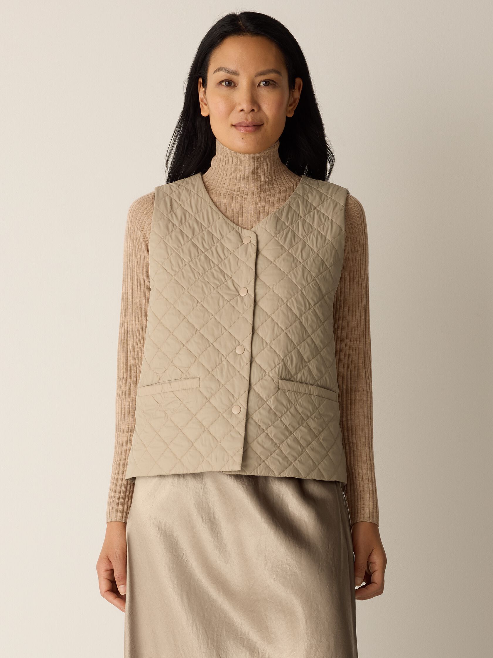 Eggshell Recycled Nylon Quilted V-Neck Vest