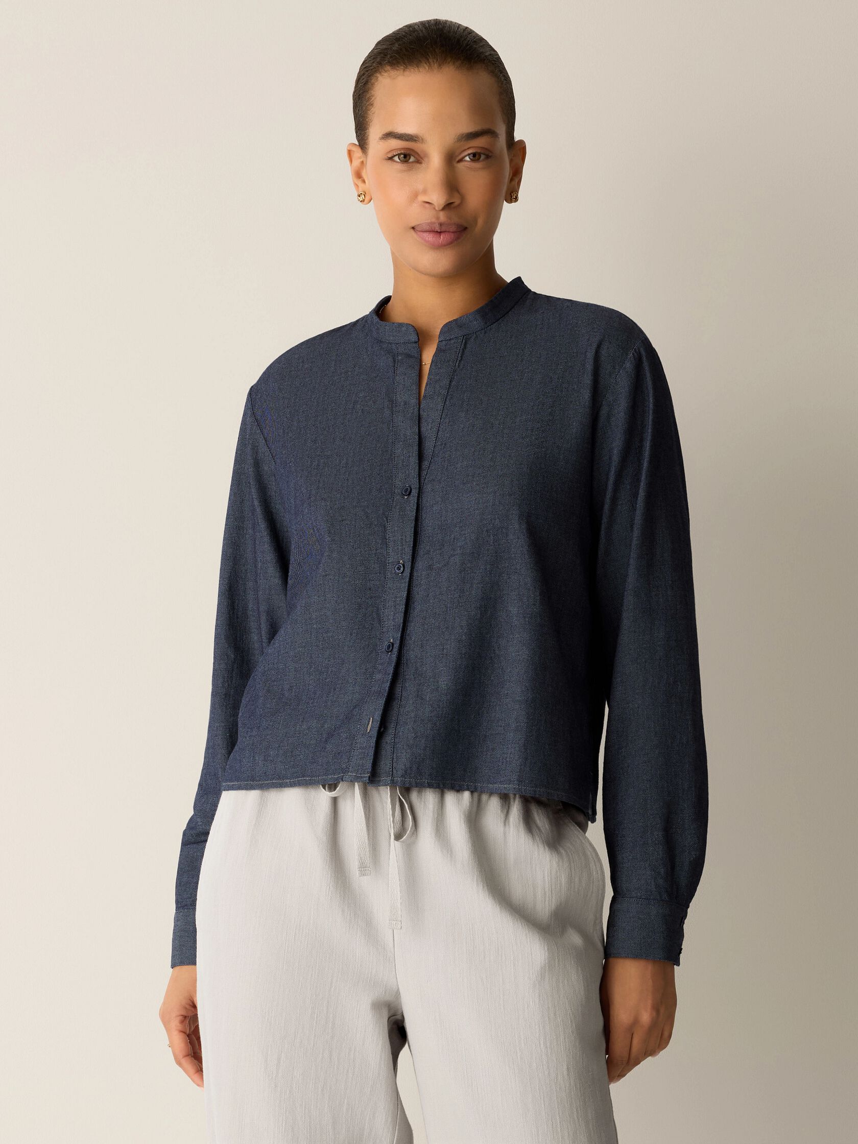 Airy Organic Cotton Twill Band Collar Shirt
