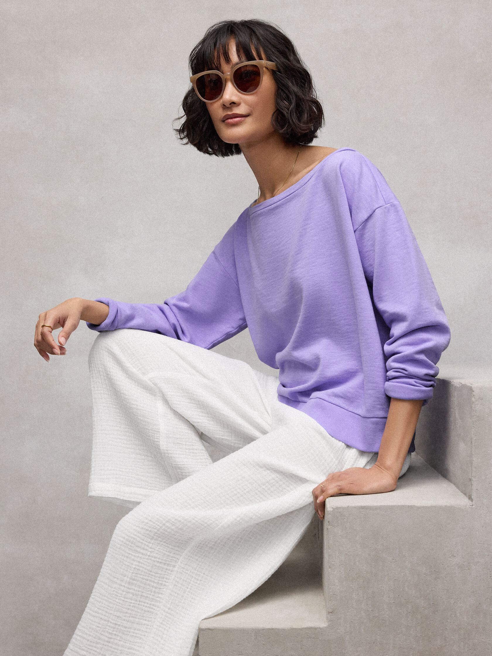 Garment-Dyed Organic Cotton Terry Bateau Neck Top