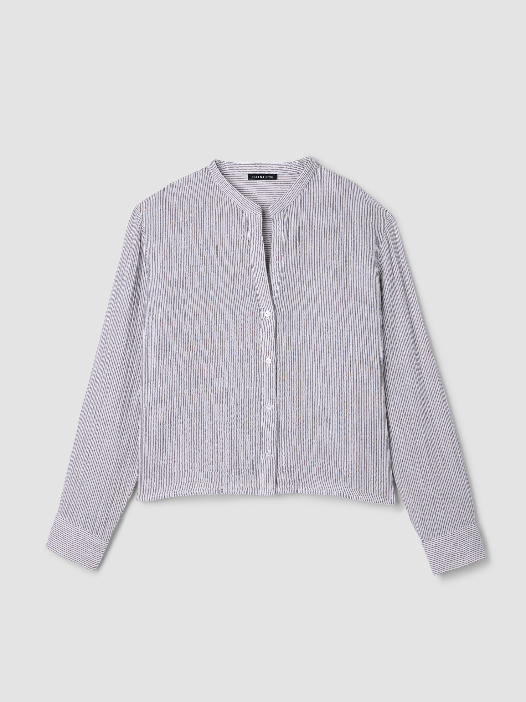 Striped Organic Cotton Gauze Band Collar Shirt