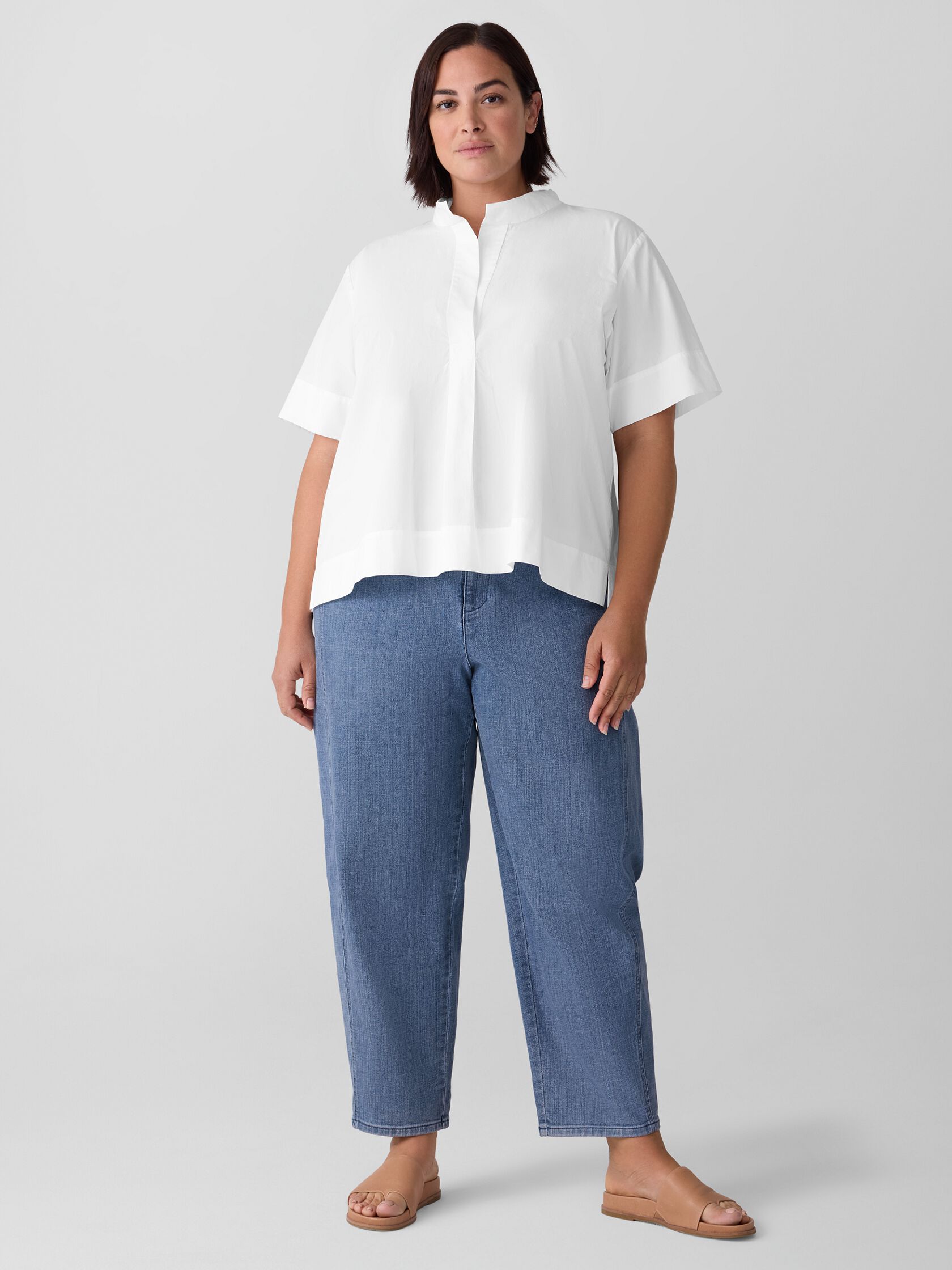 Washed Organic Cotton Poplin Split Neck Top