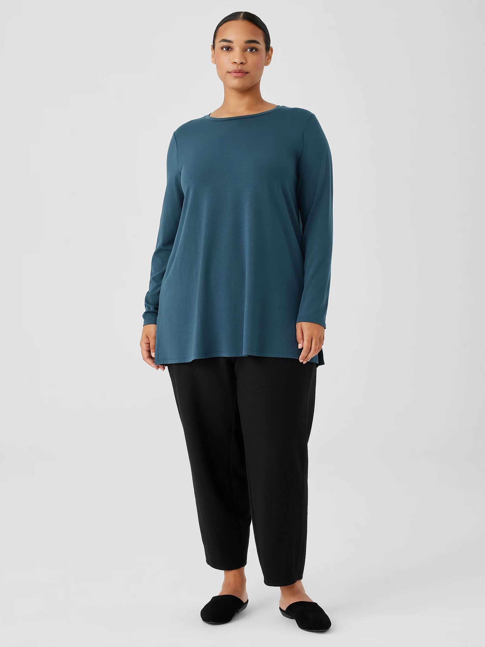 Stretch Jersey Knit Crew Neck Long Top