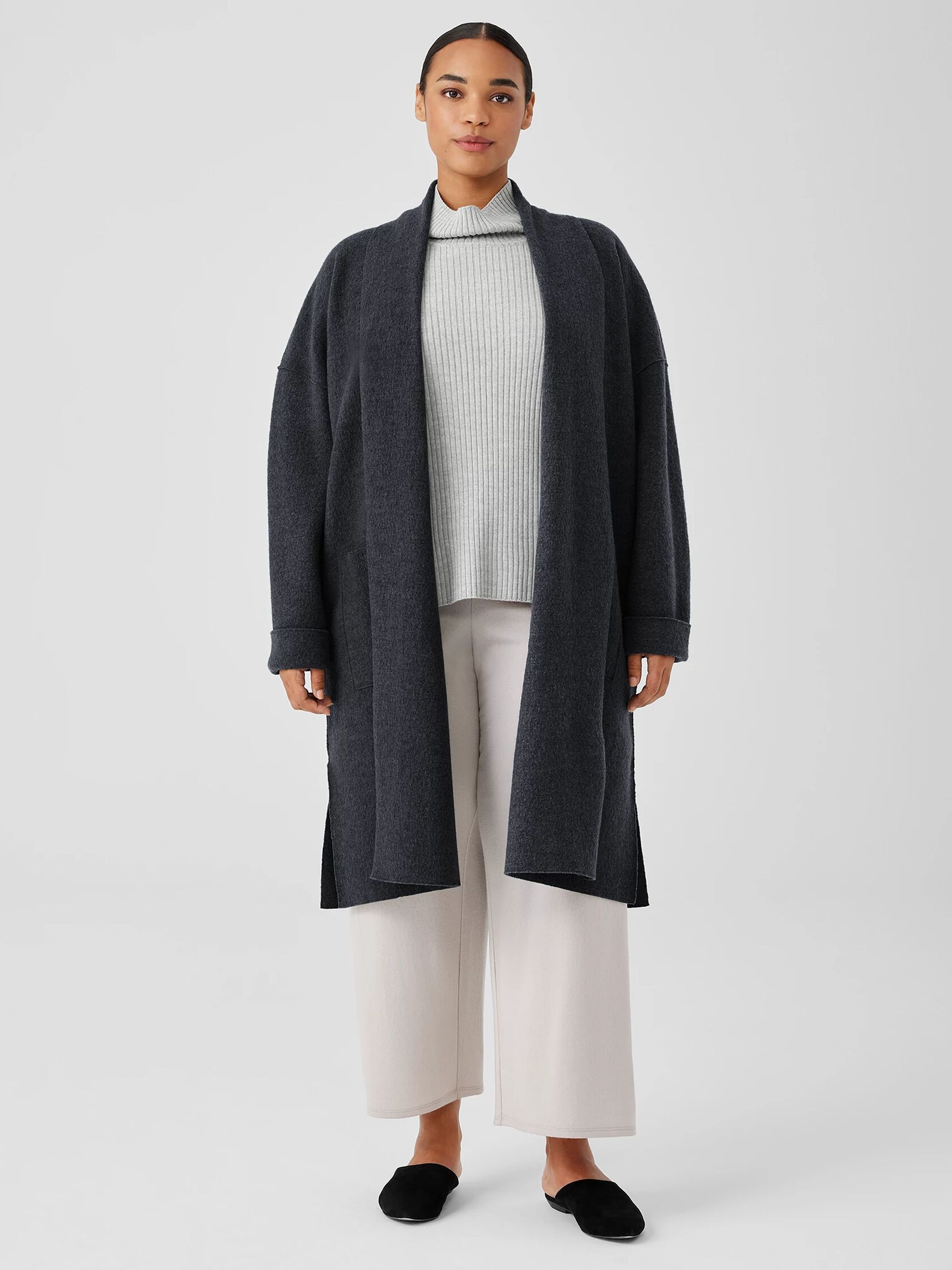 Lightweight Boiled Wool High Collar Coat in Regenerative Wool