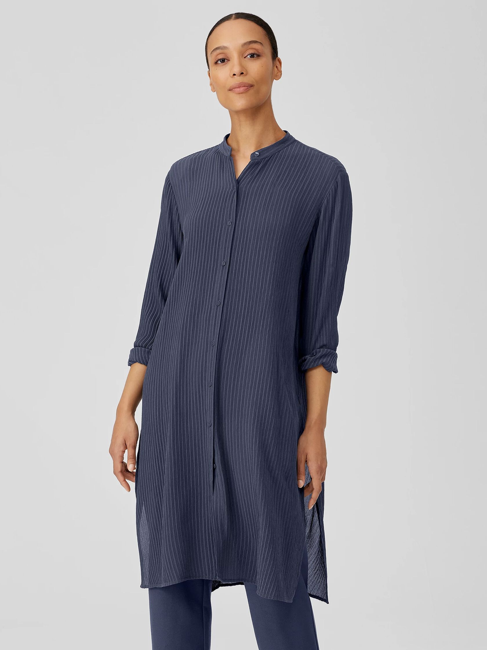Accordion Silk Jacquard Mandarin Collar Long Shirt