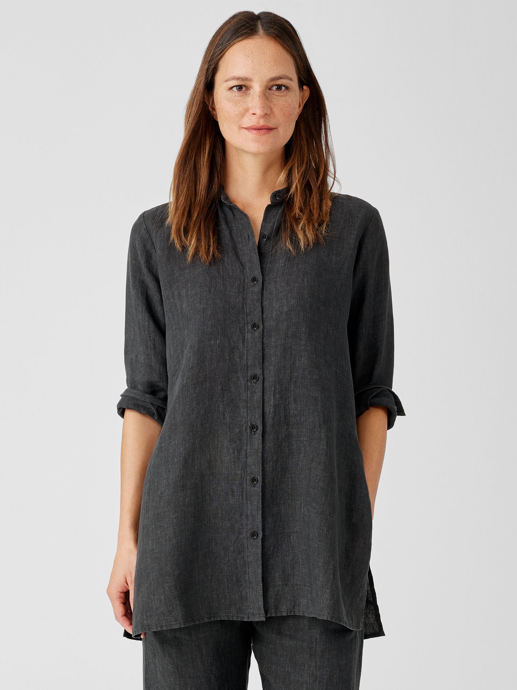 Washed Organic Linen Delave Mandarin Collar Shirt