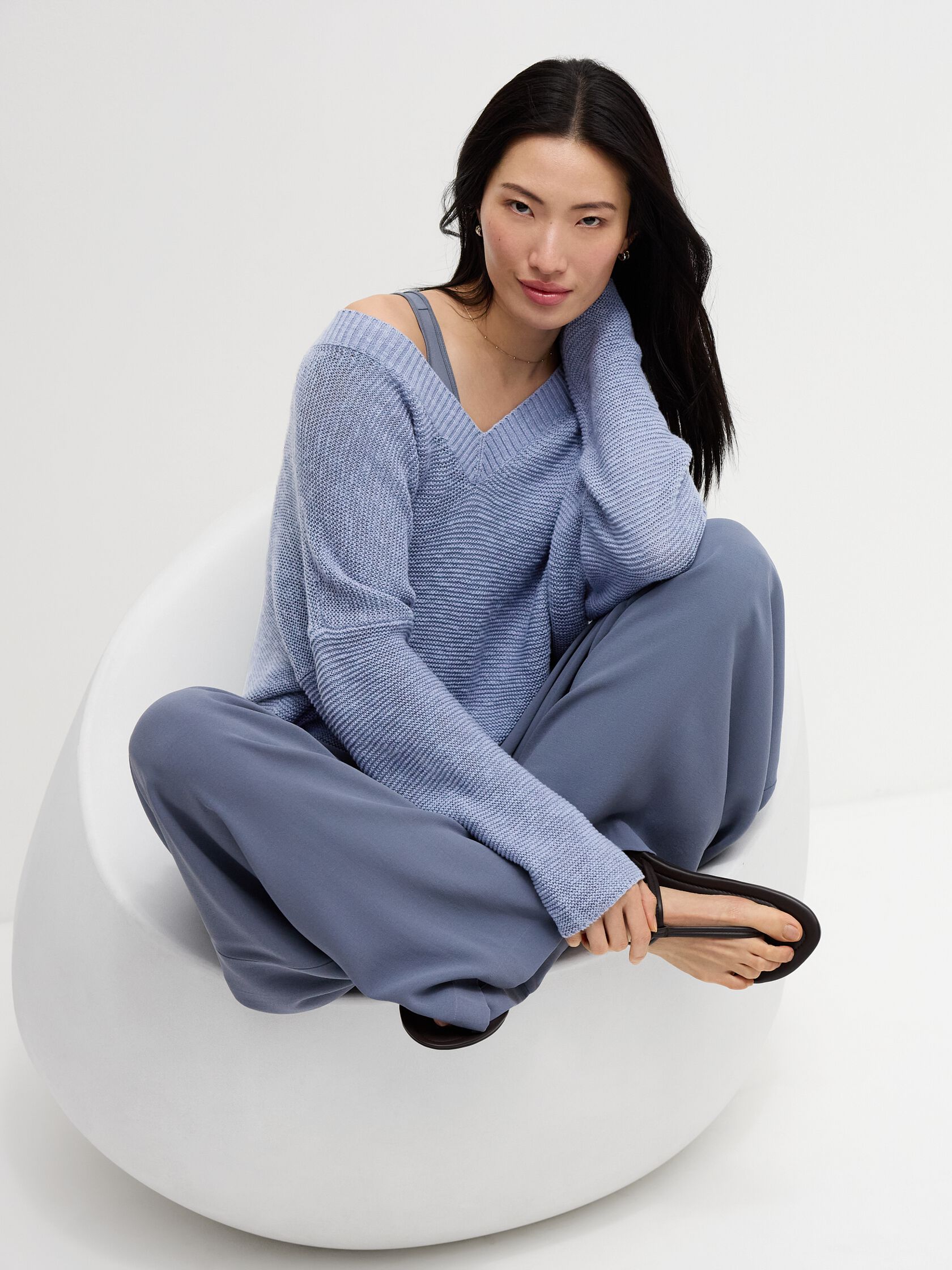 Organic Linen Cotton Slub V-Neck Top