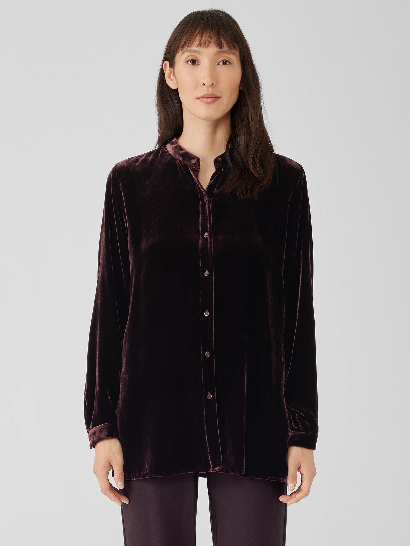 Velvet Band Collar Long Shirt