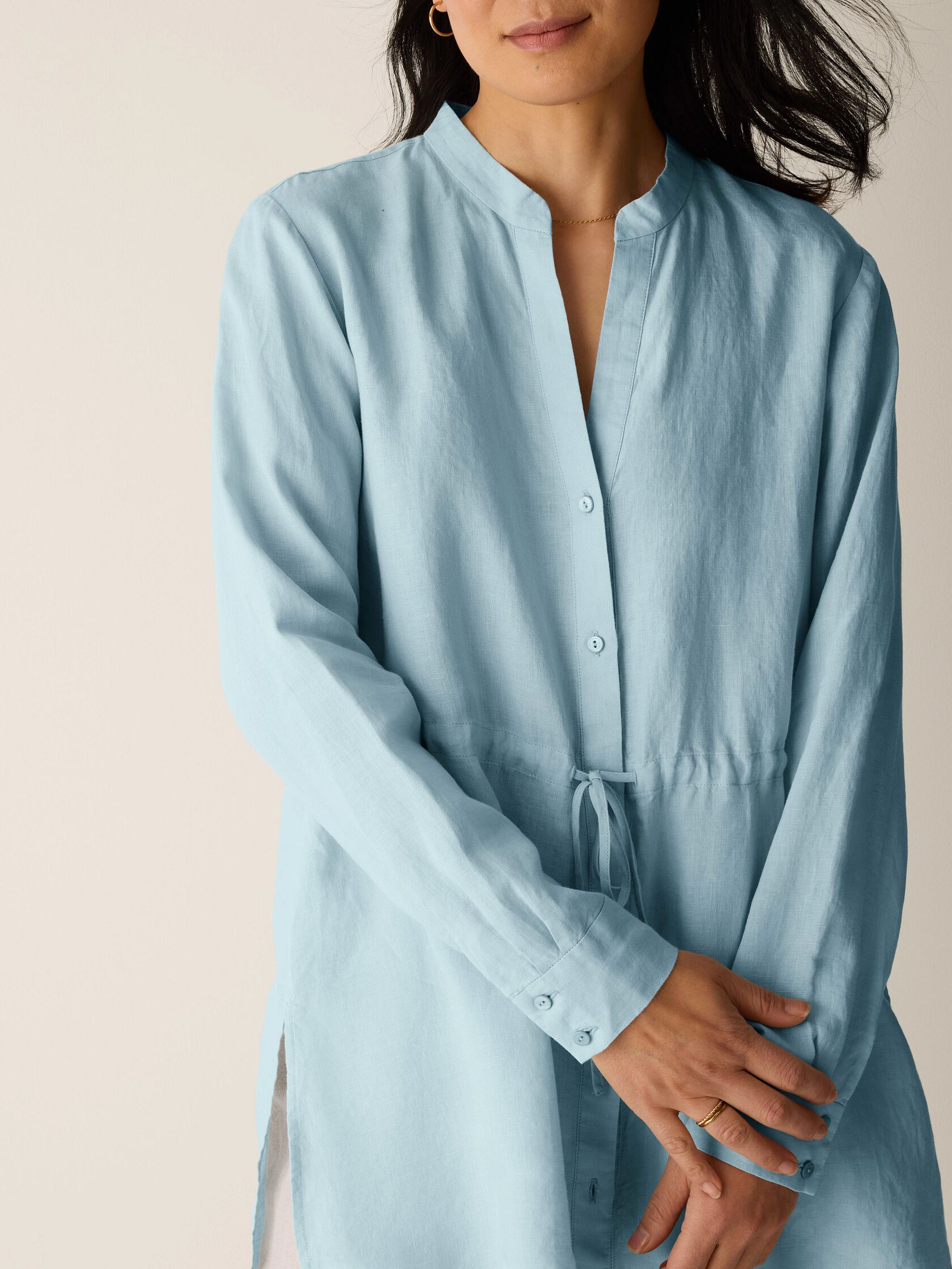 Organic Handkerchief Linen Band Collar Drawstring Shirt