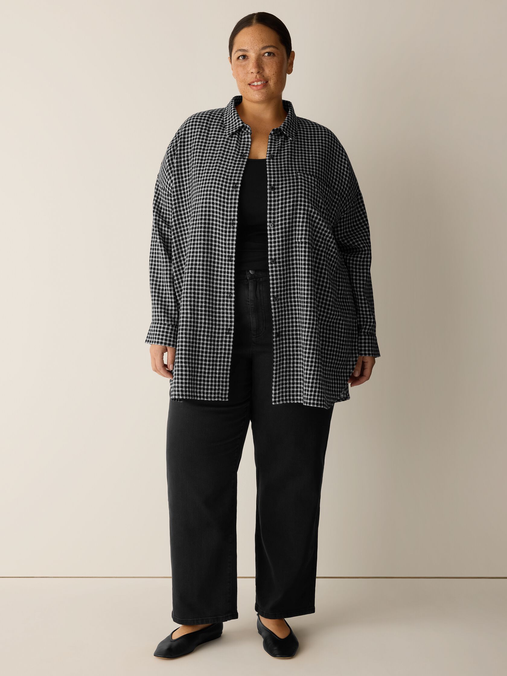 Wool Cotton Check Classic Collar Long Shirt