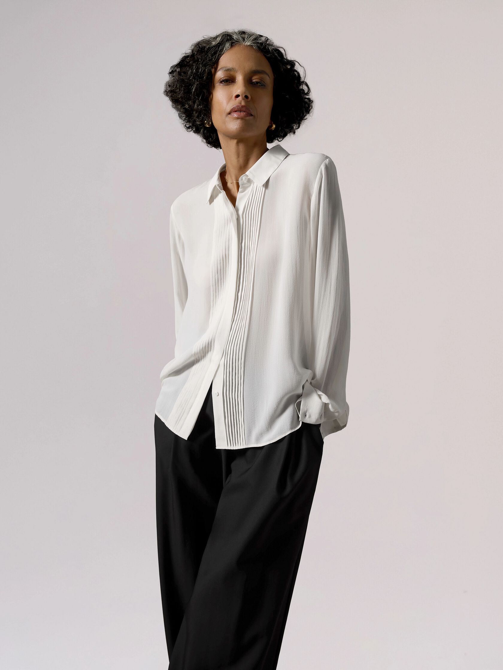 Sheer Silk Georgette Classic Collar Pintuck Shirt