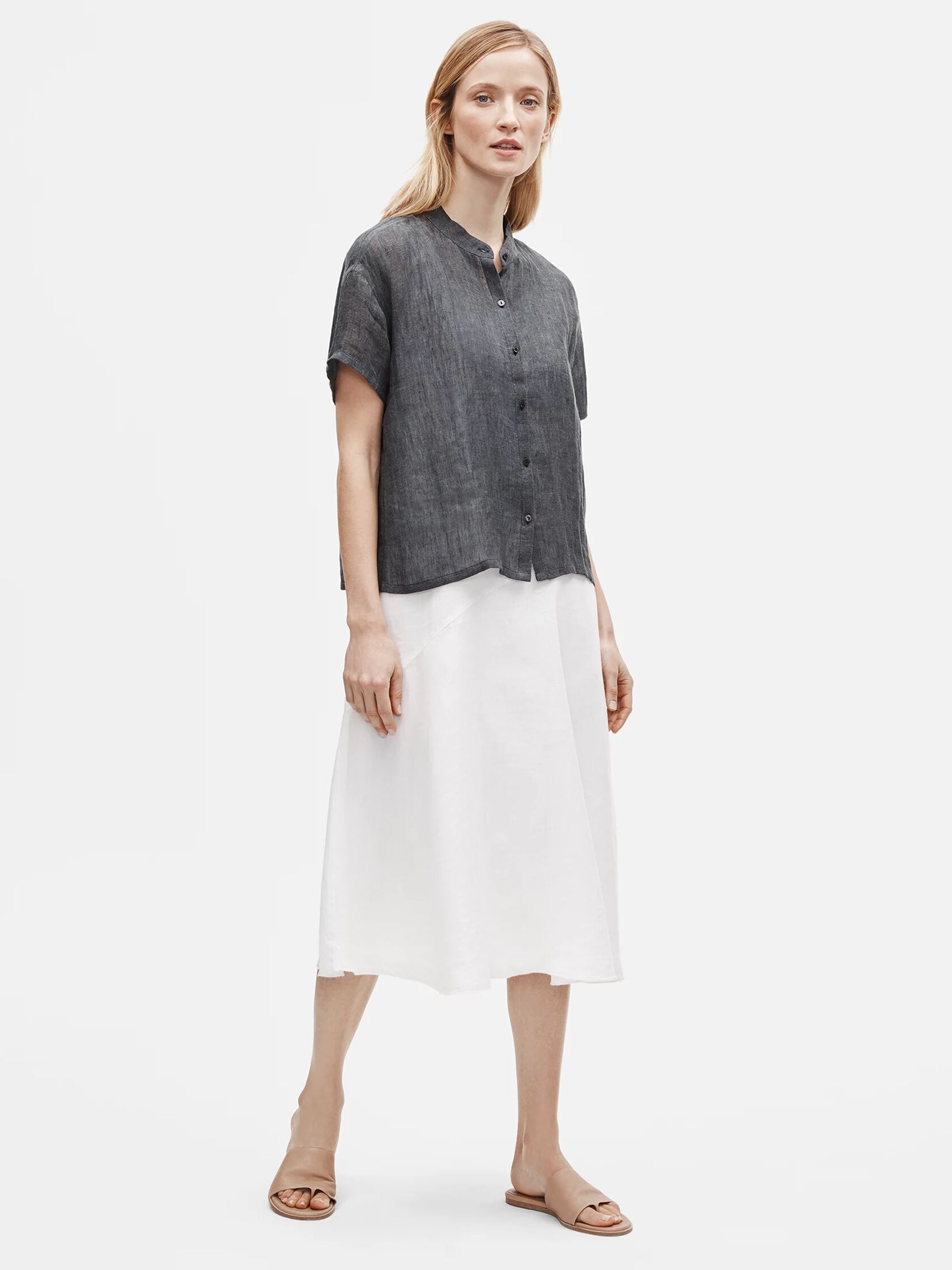 Organic Linen Gauze Mandarin Collar Shirt EILEEN FISHER