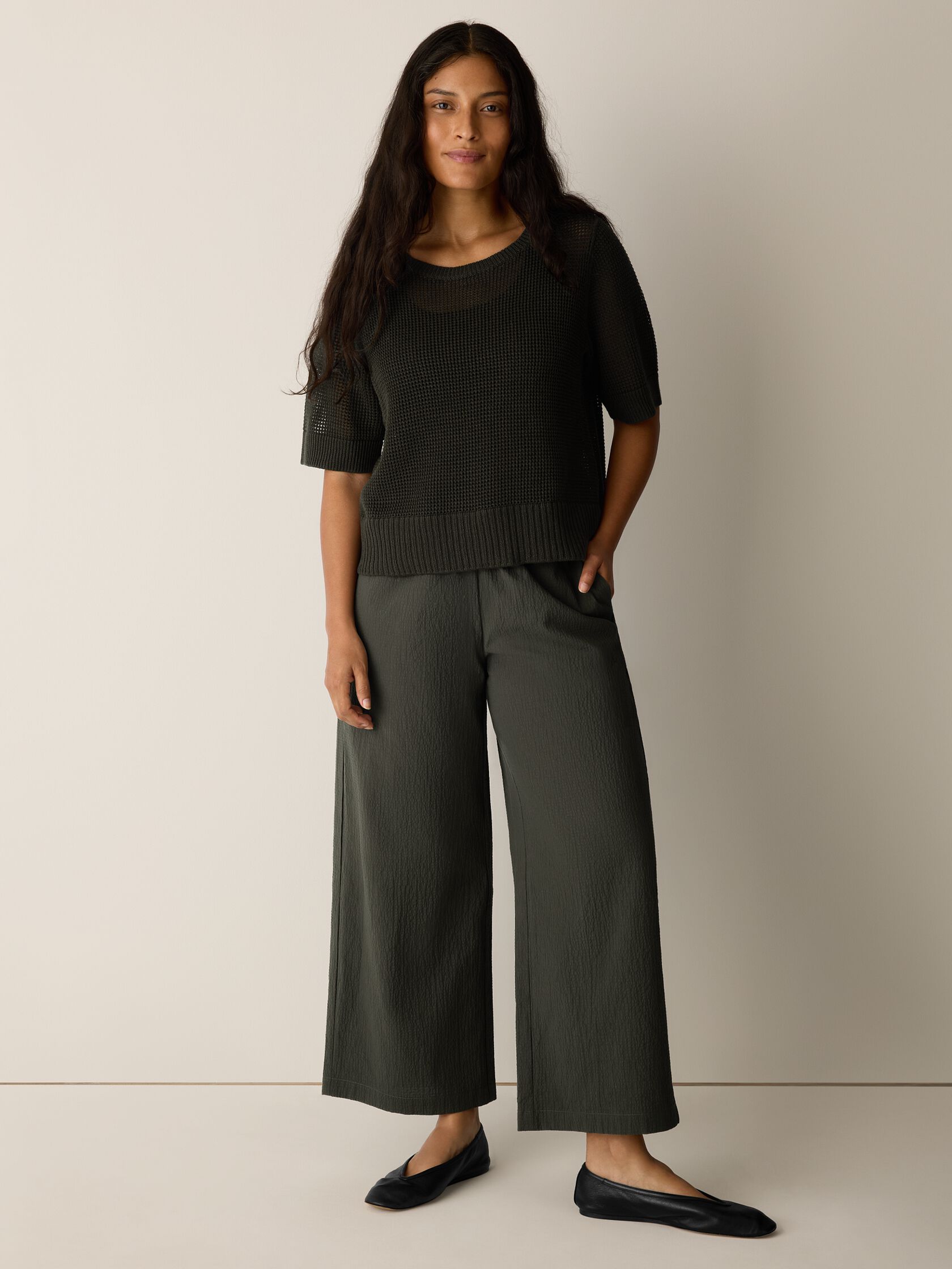 Organic Cotton Pucker Wide-Leg Pant