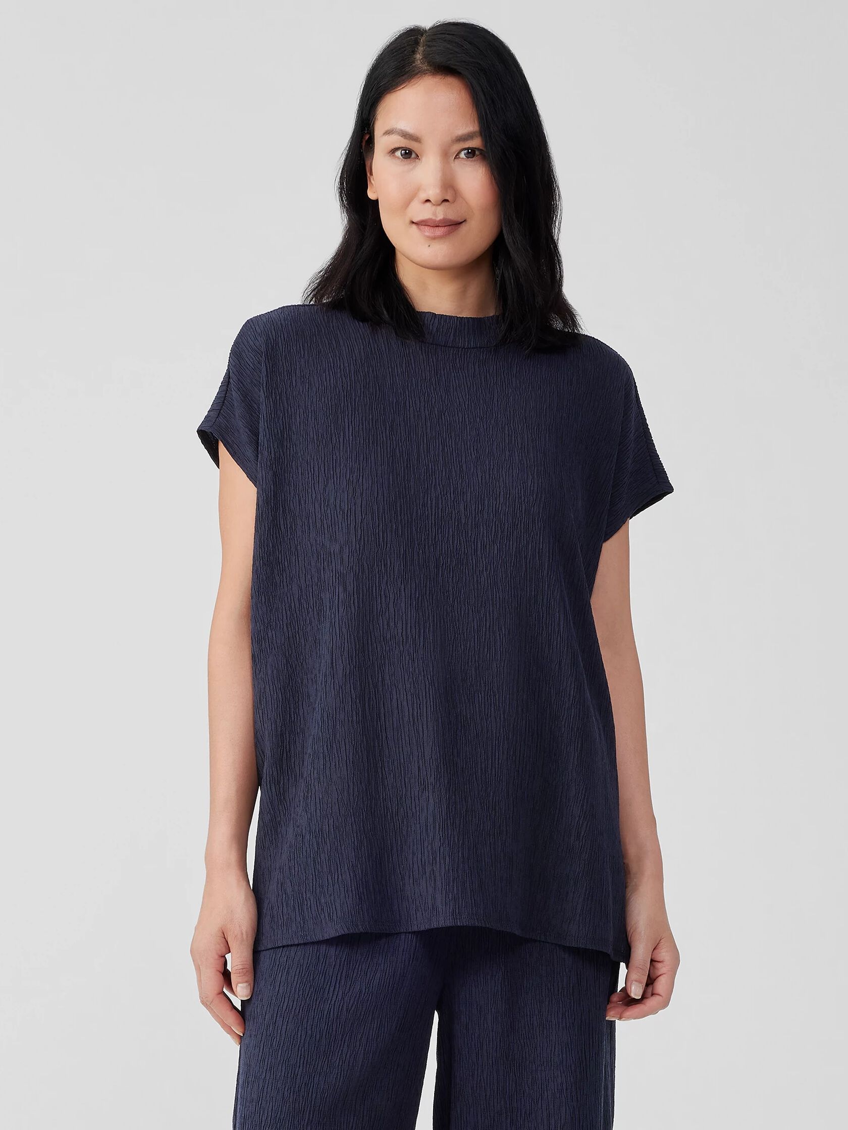 Woven Plissé Mock Neck Top