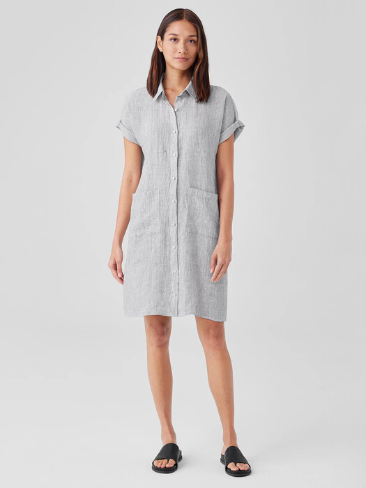 Crinkled Organic Linen Stripe Shirtdress