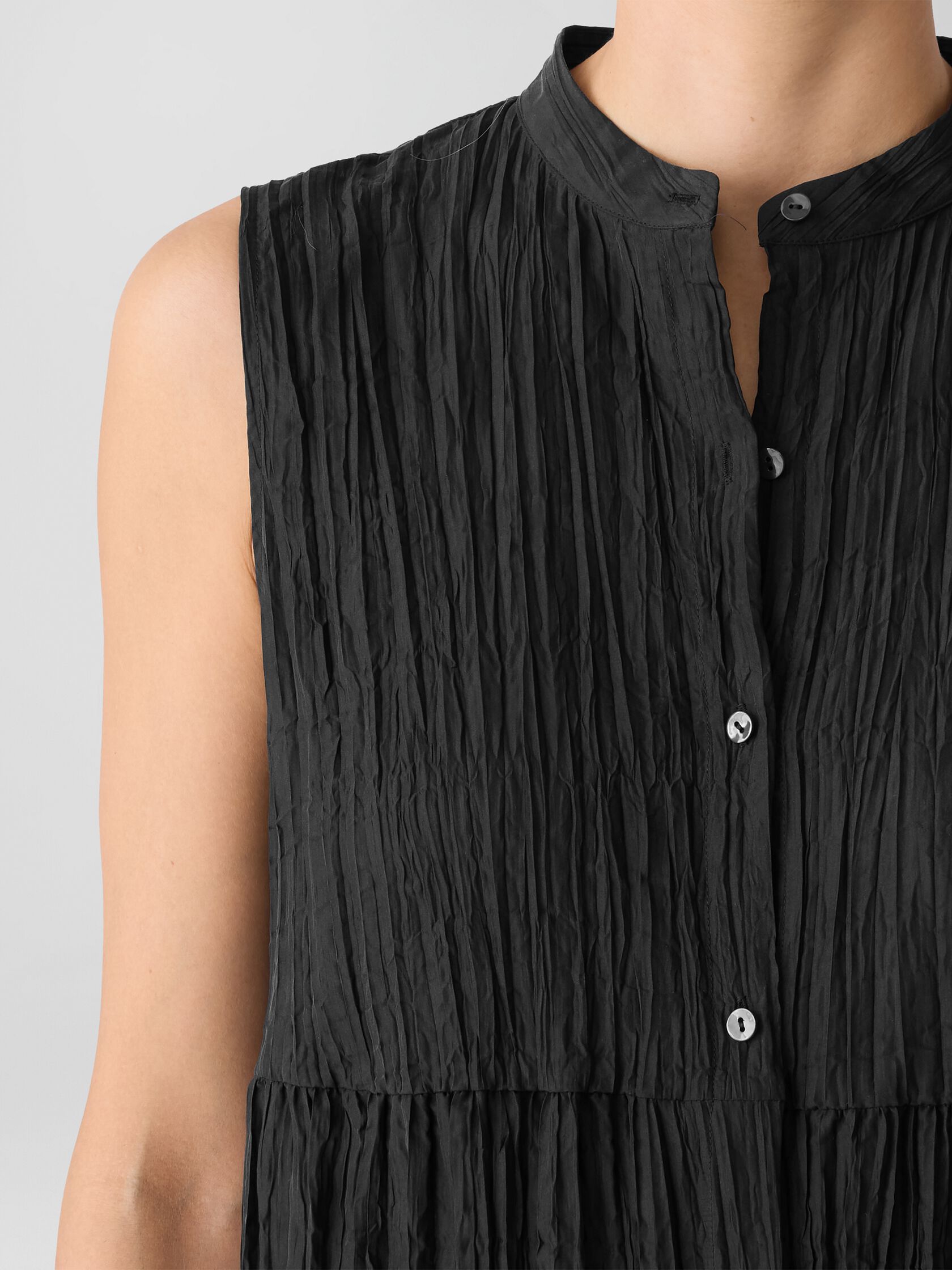 Crinkle Silk Habutai Band Collar Dress