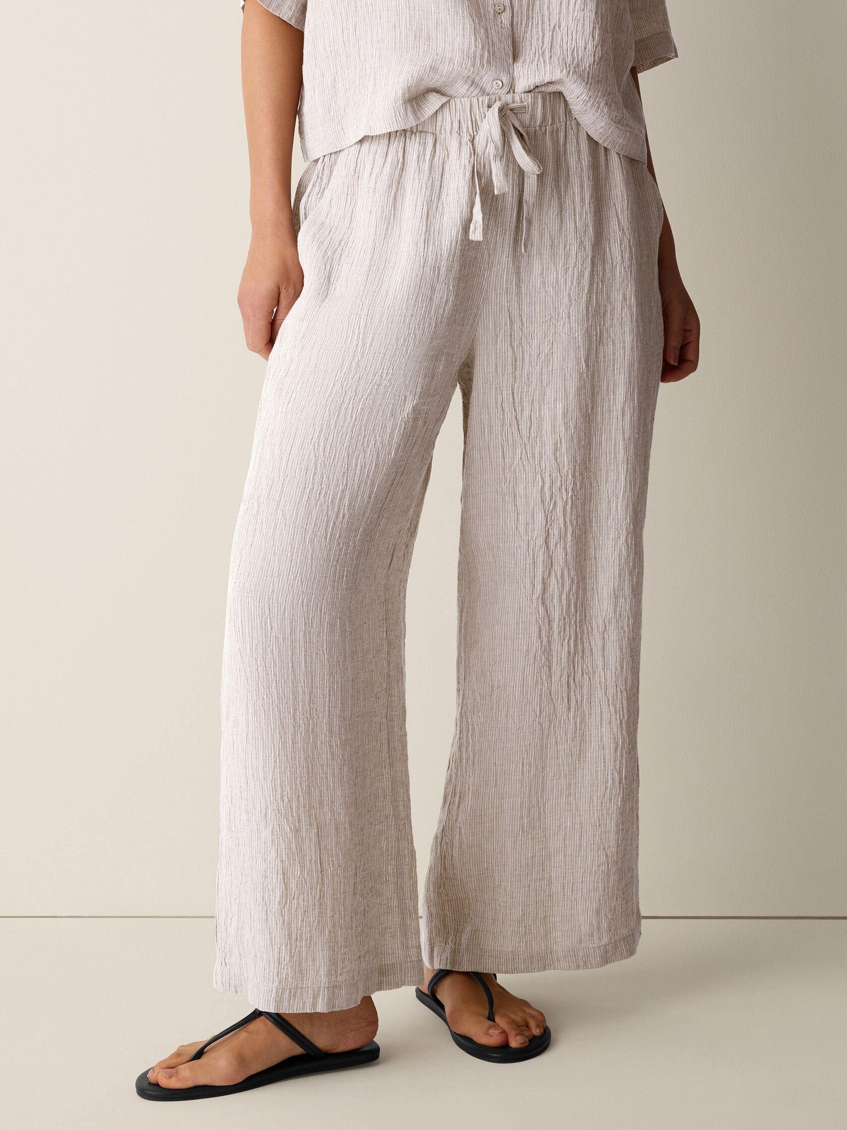 Puckered Organic Linen Stripe Wide-Leg Pant