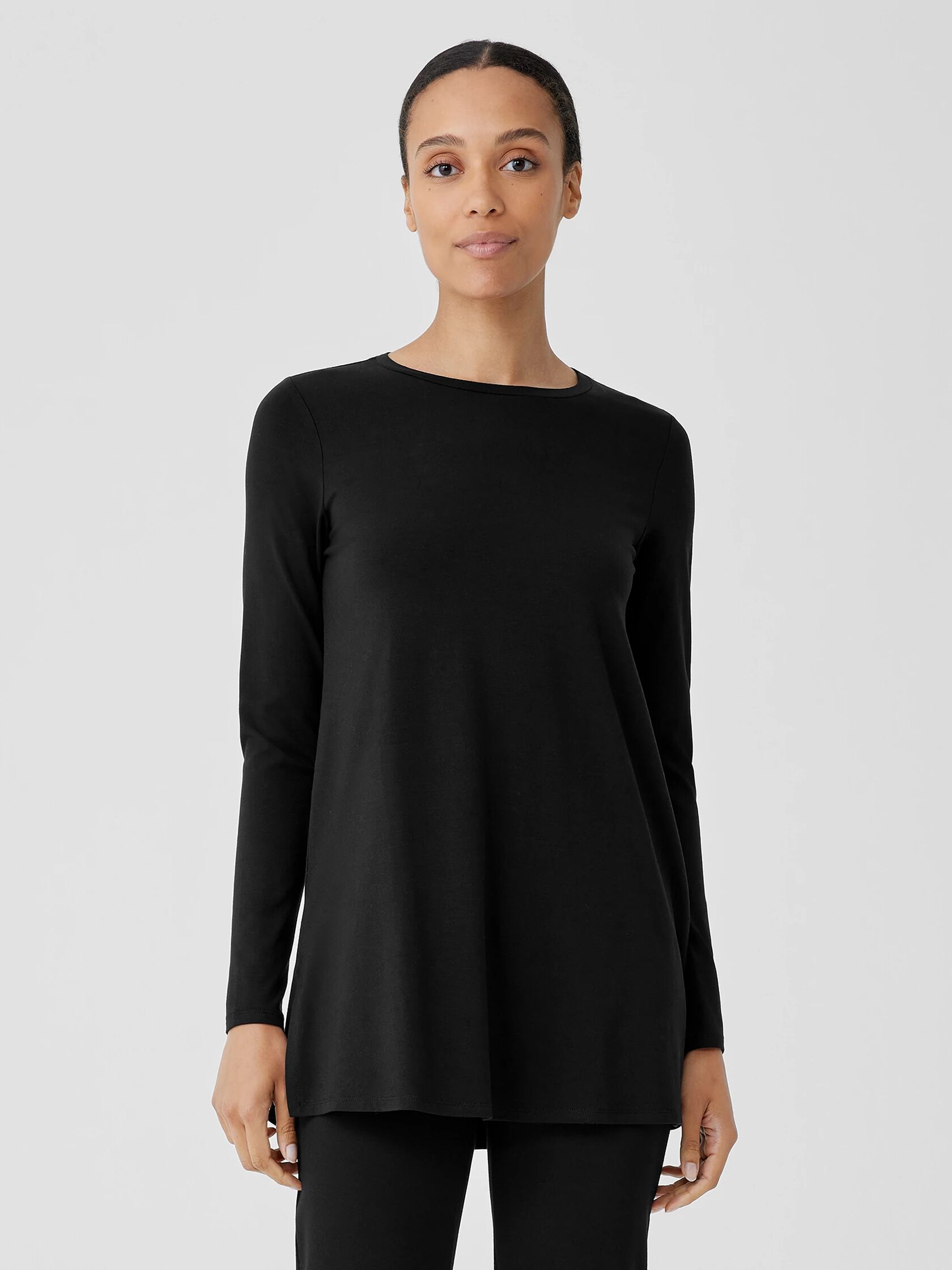 Stretch Jersey Knit Crew Neck Long Top