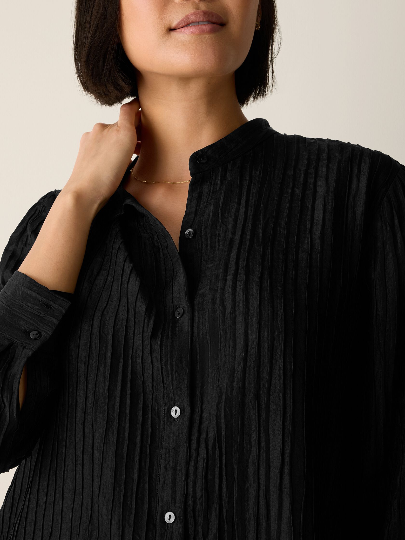 Textured Silk Jacquard Band Collar Shirt