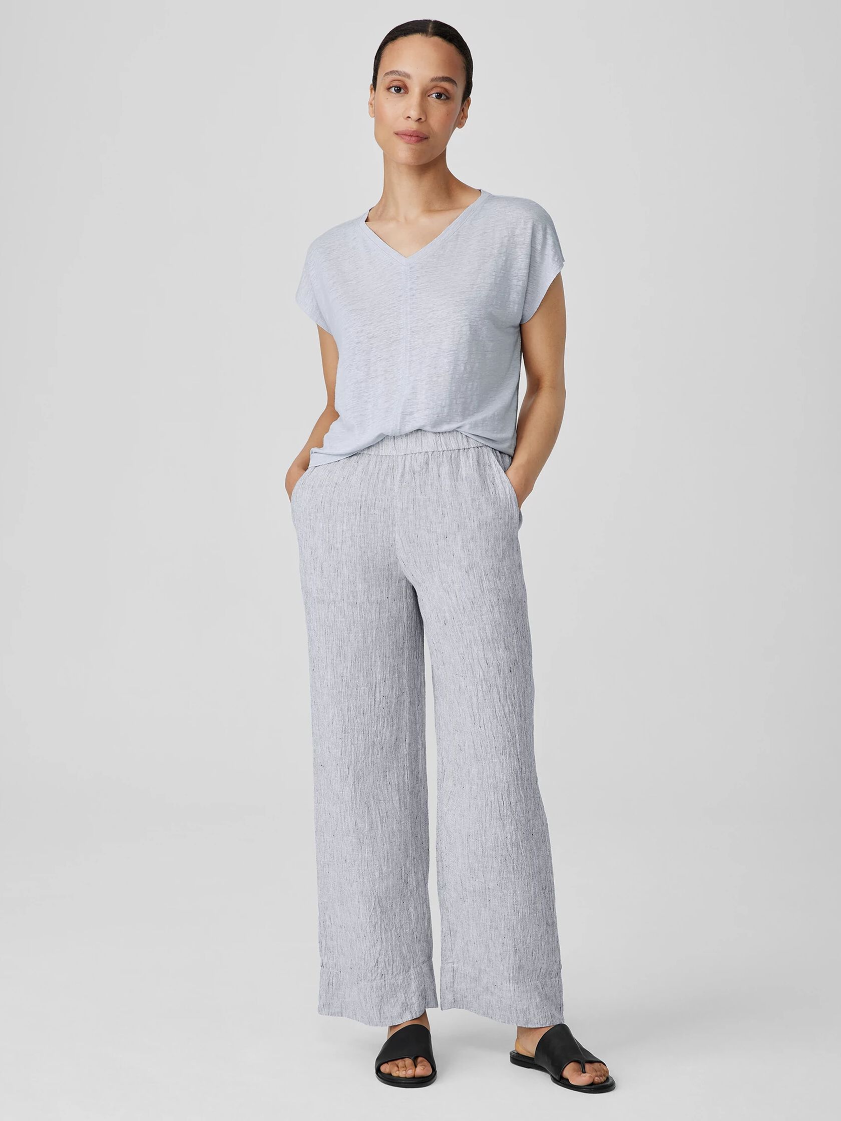 Striped Organic Linen Crinkle Wide-Leg Pant