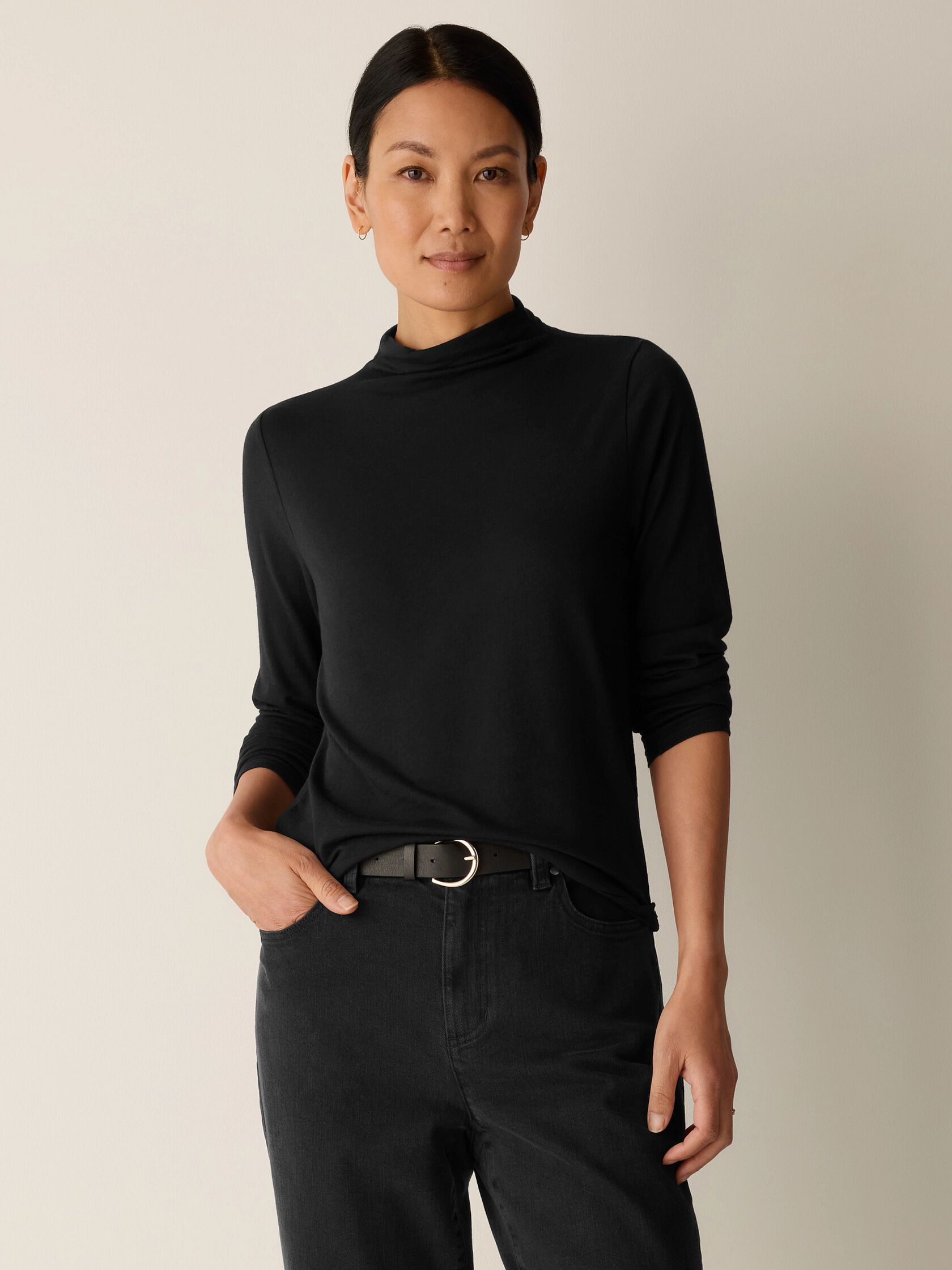 Sheer Cotton Blend Knit Funnel Neck Top