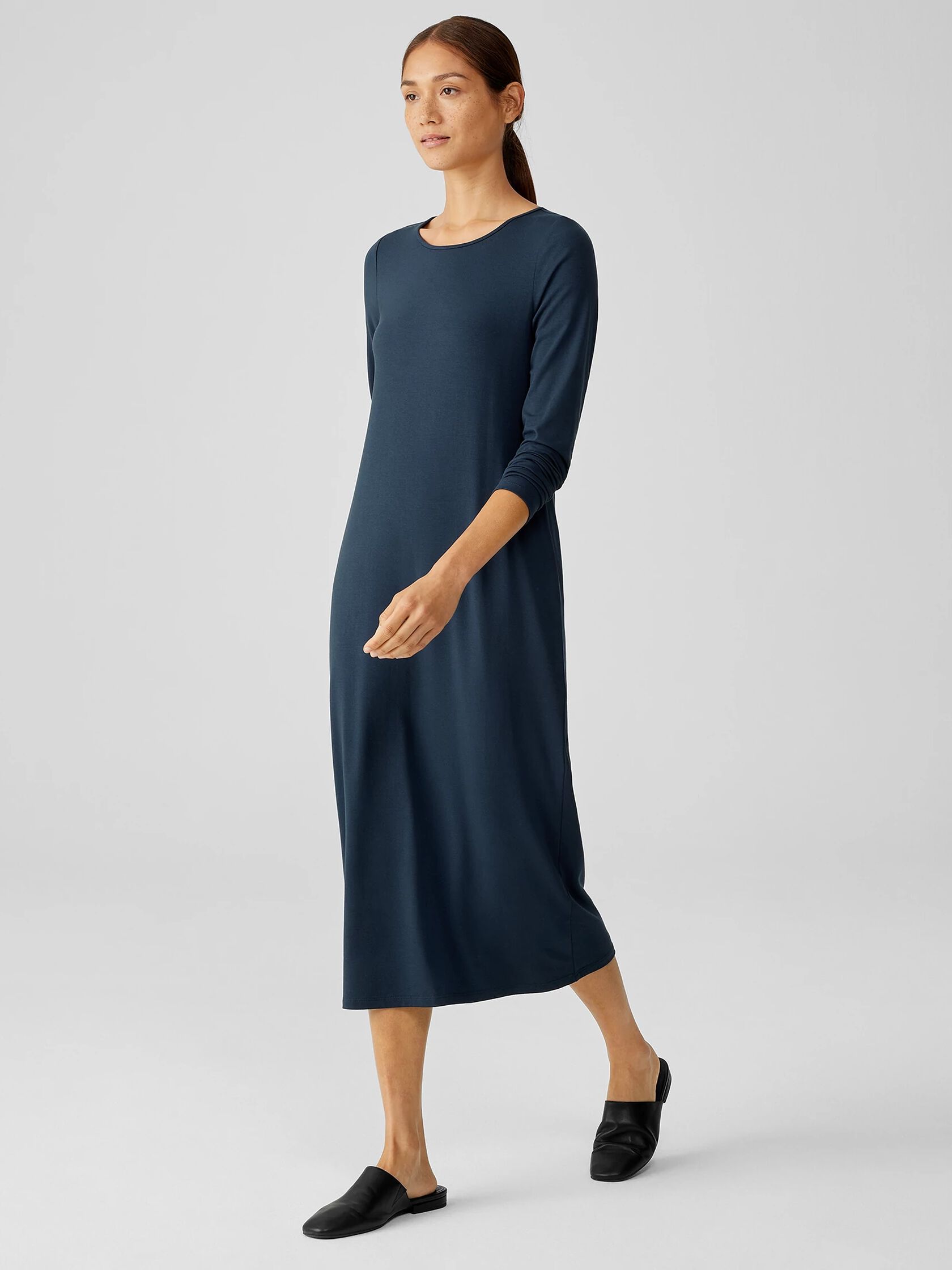 Stretch Jersey Knit Jewel Neck Dress EILEEN FISHER