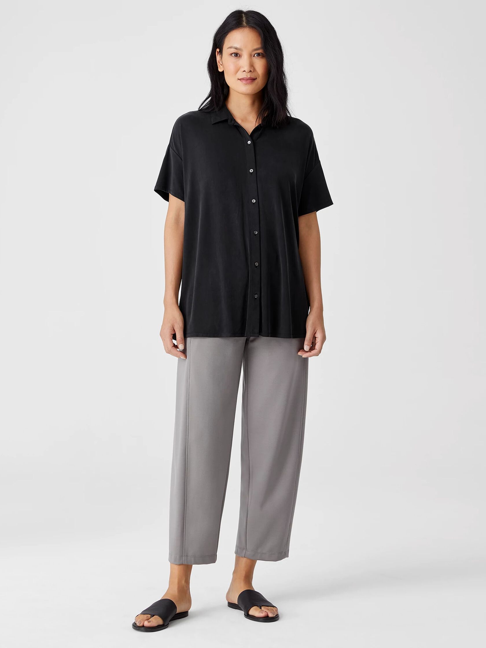 Sueded Cupro Knit Short-Sleeve Long Shirt | EILEEN FISHER