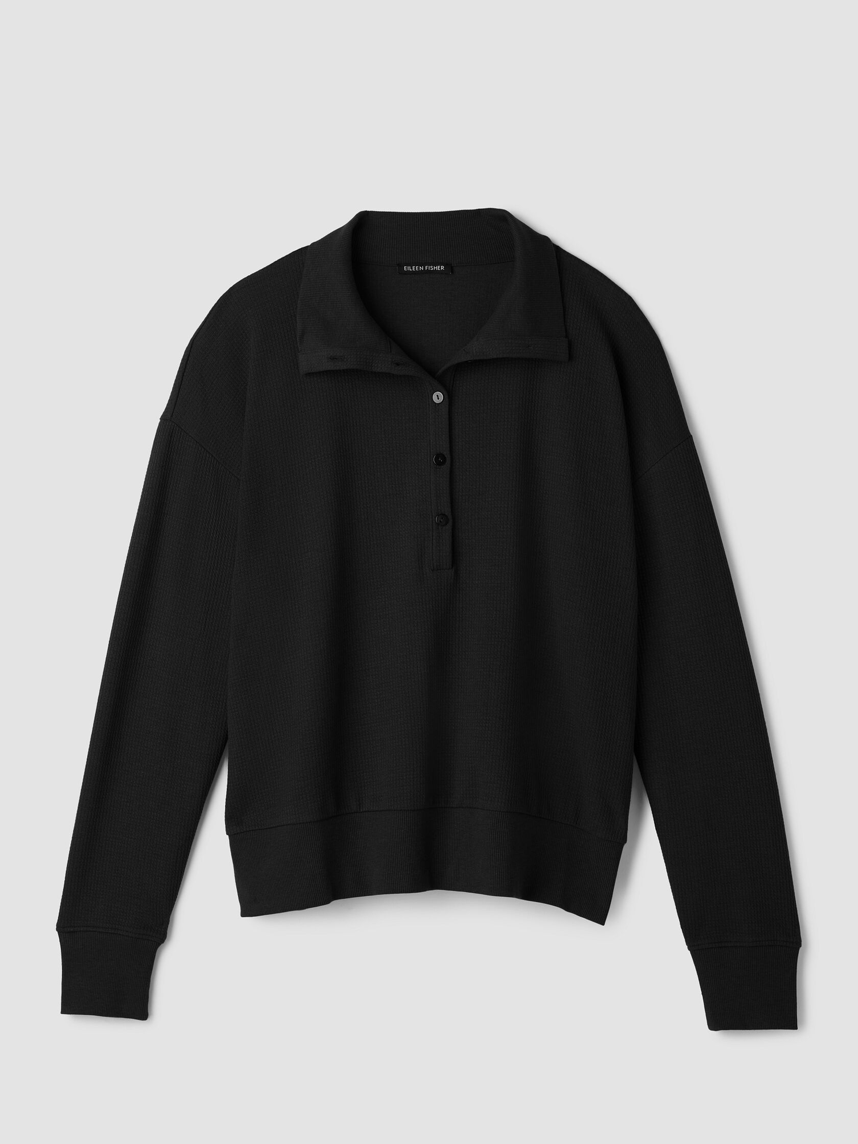 Waffle Cotton Blend Doubleknit High Collar Henley Top