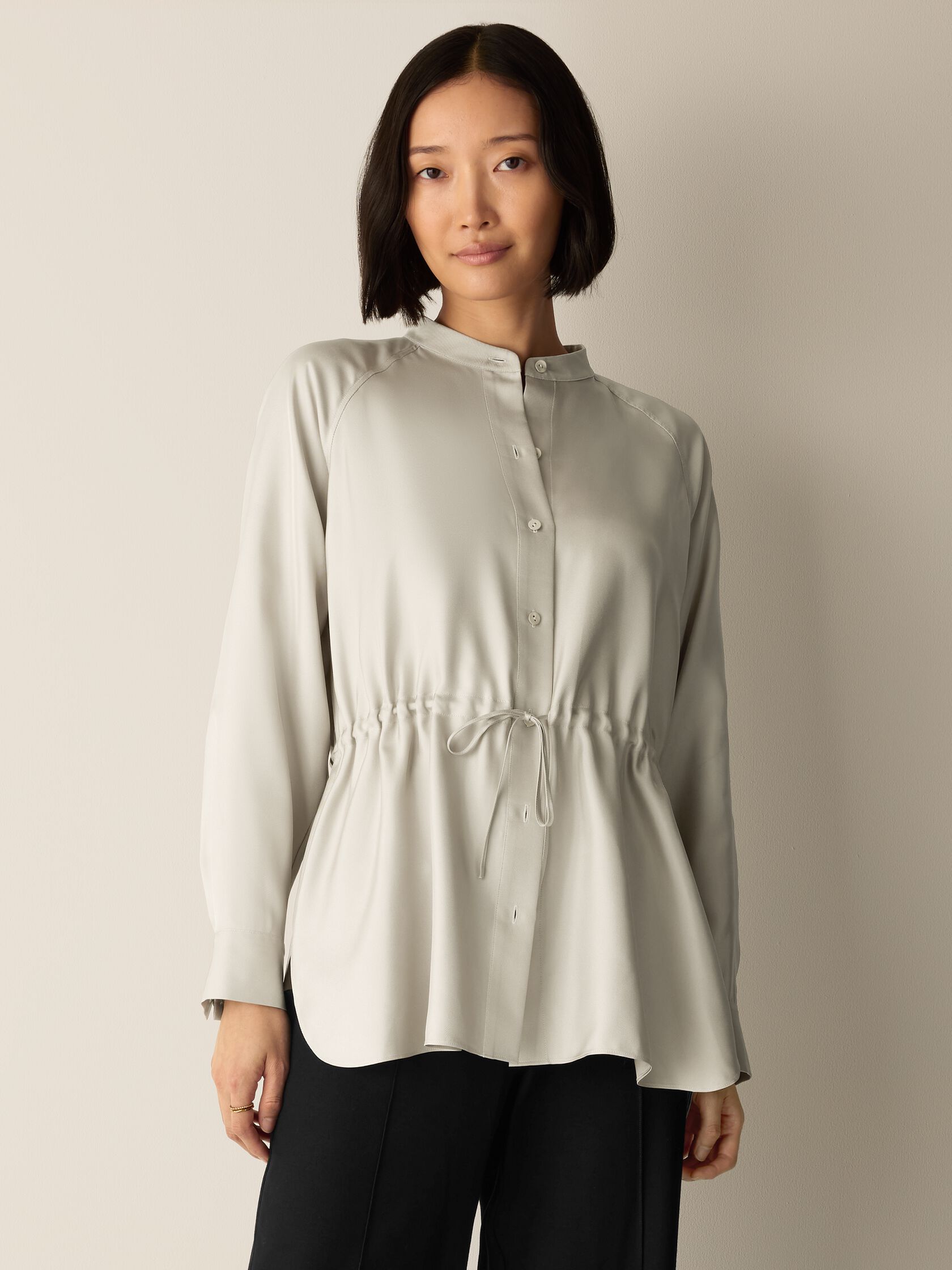 Silk Twill Band Collar Shirt