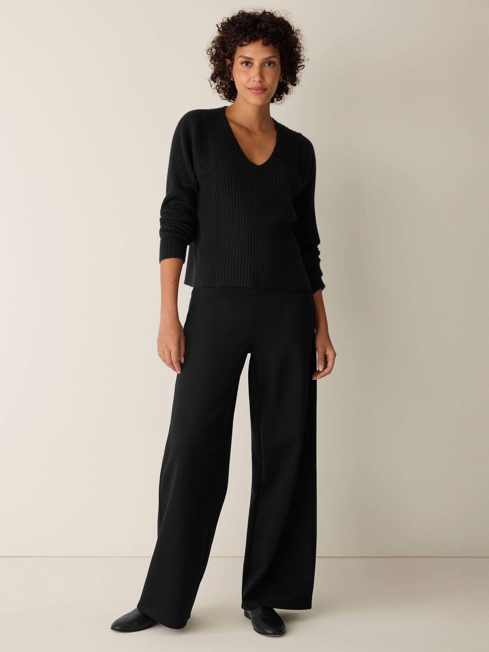 Italian Cashmere Ribbed V-Neck Top