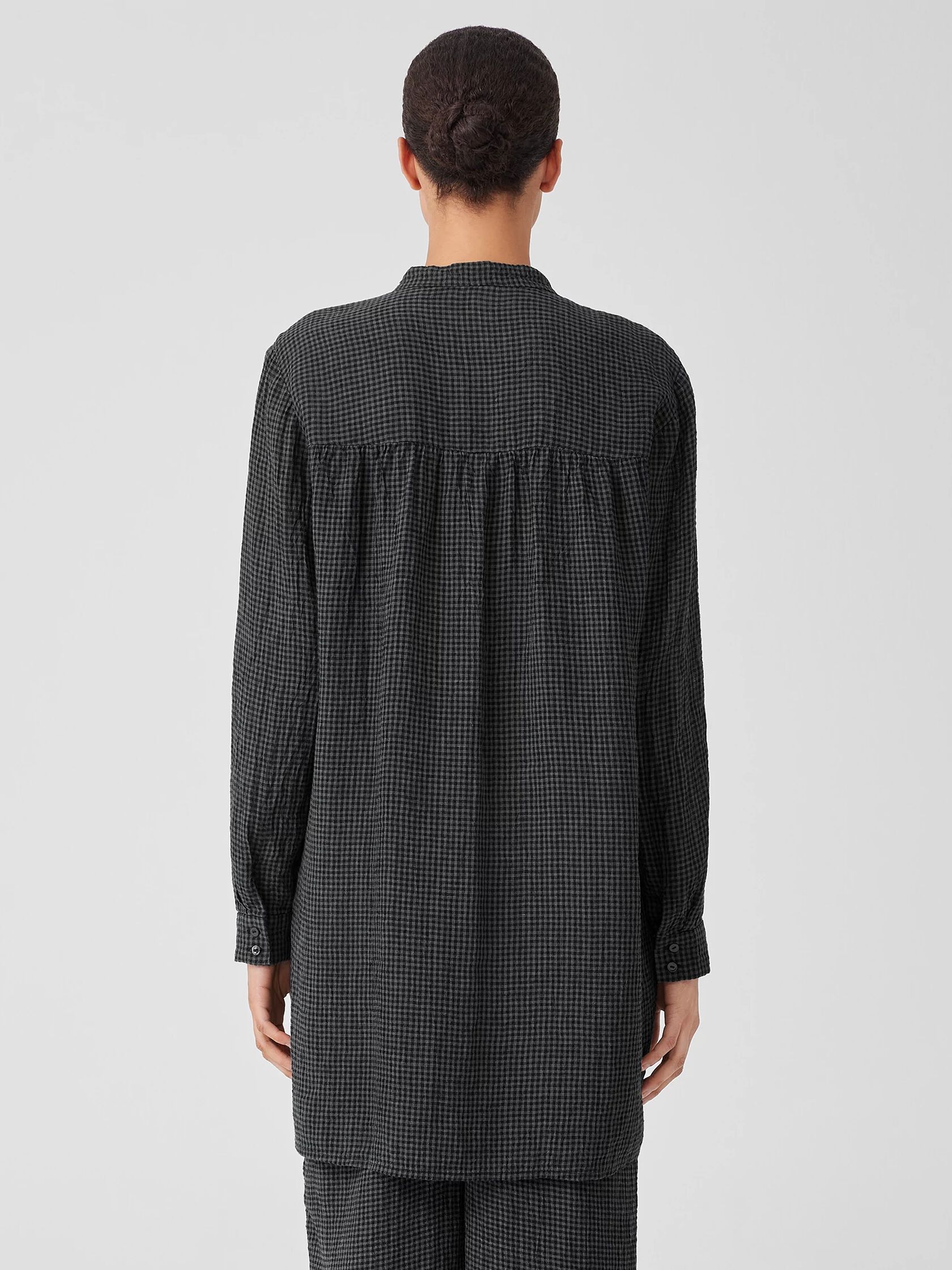 Puckered Organic Linen Mandarin Collar Long Shirt