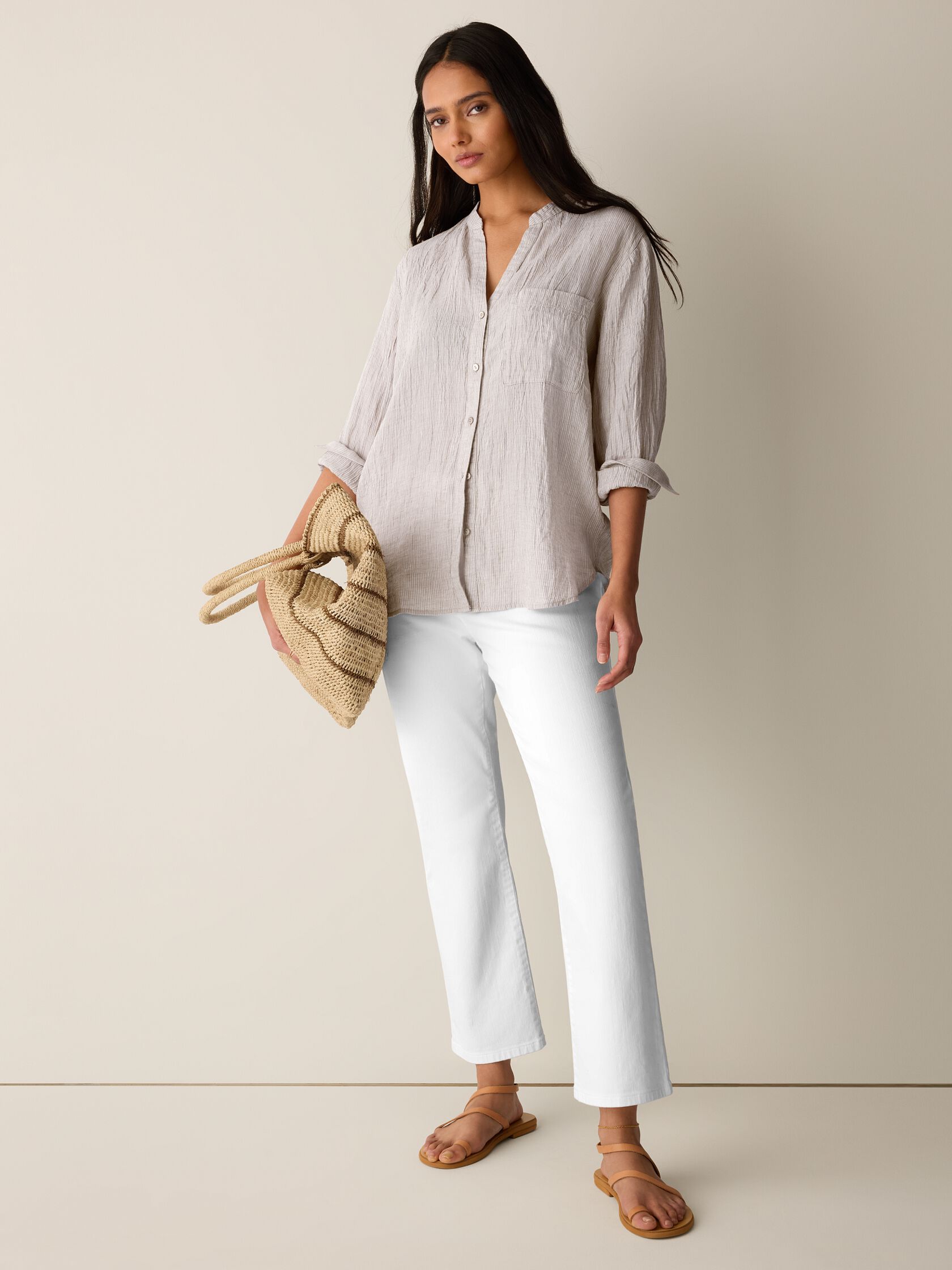 Puckered Organic Linen Stripe Band Collar Shirt