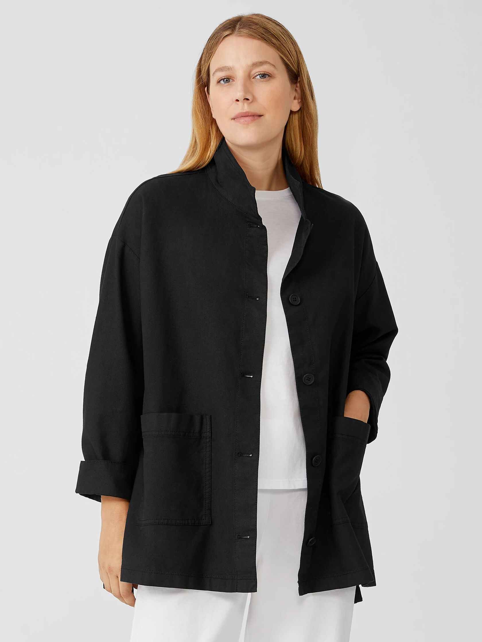 Cotton Hemp Stand Collar Jacket | EILEEN FISHER