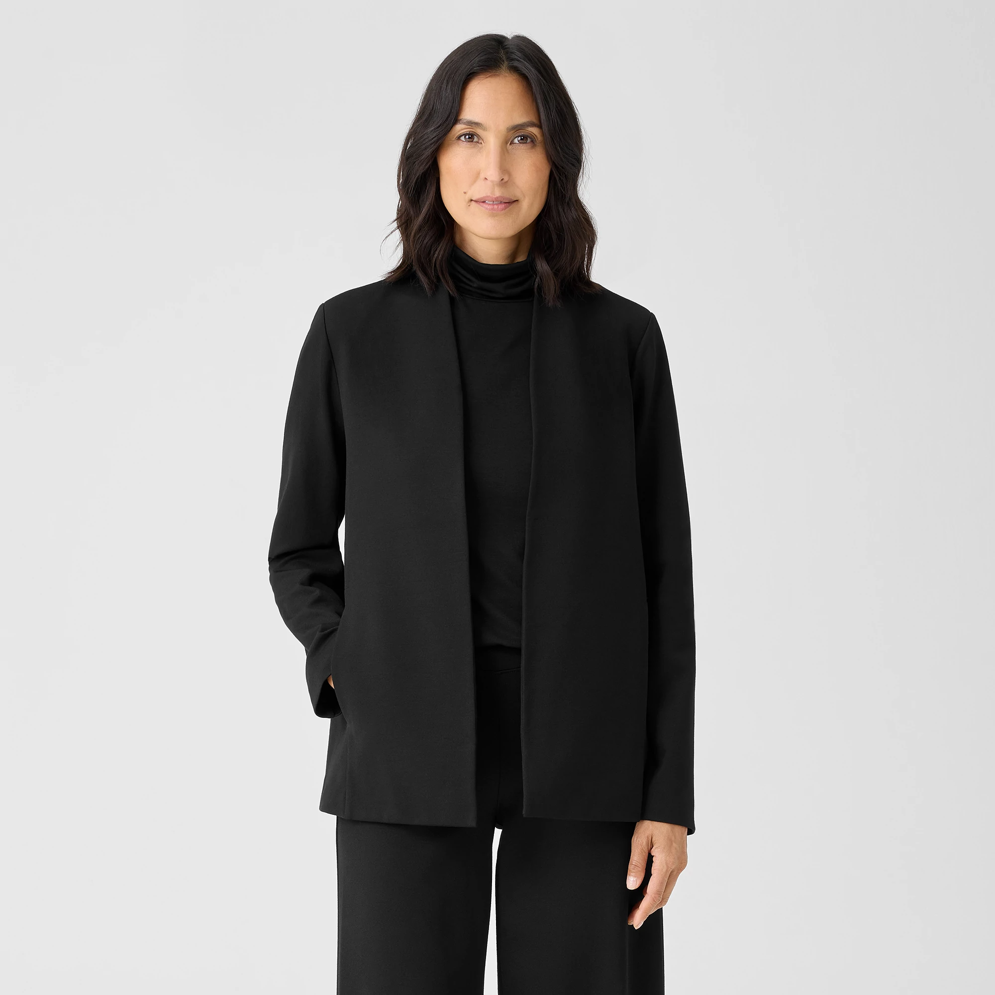 NEW EILEEN FISHER BLACK WASHABLE STRETCH CREPE CLASSIC COLLAR   JACKET L $328 