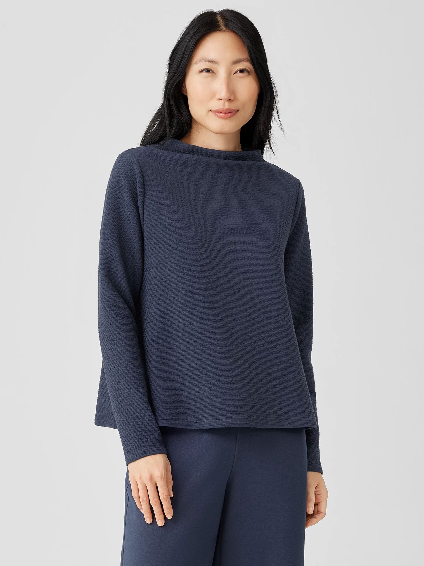 Organic Cotton Crinkled Knit Funnel Neck Top