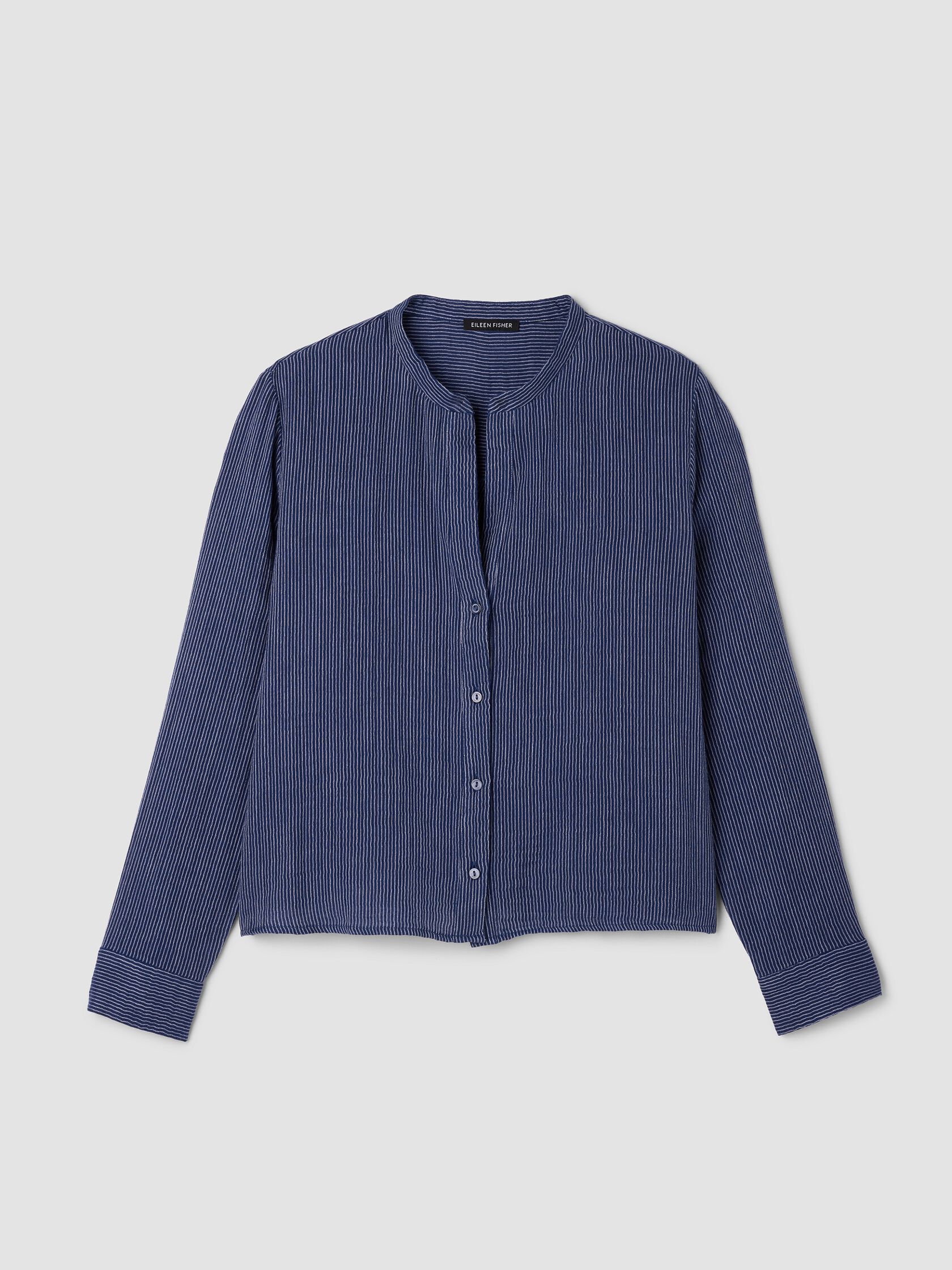 Striped Organic Cotton Gauze Band Collar Shirt