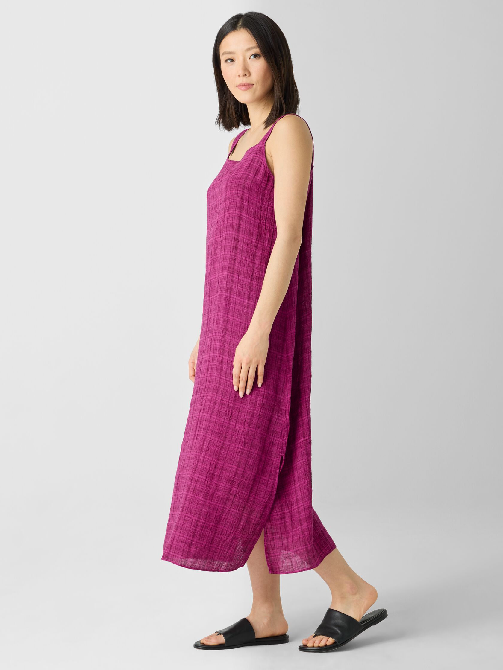 Puckered Organic Linen Plaid Square Neck Dress