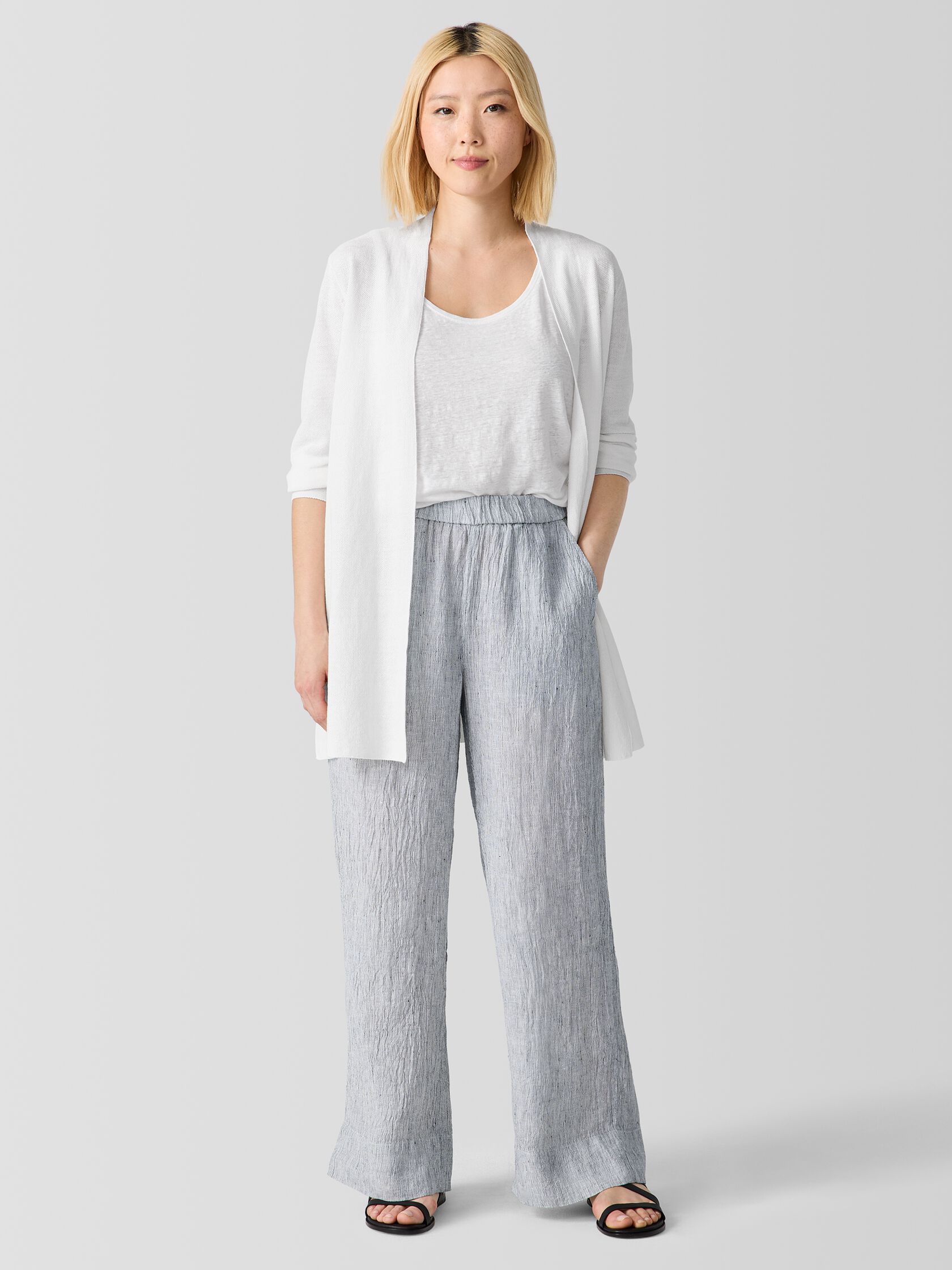 Striped Organic Linen Crinkle Wide-Leg Pant