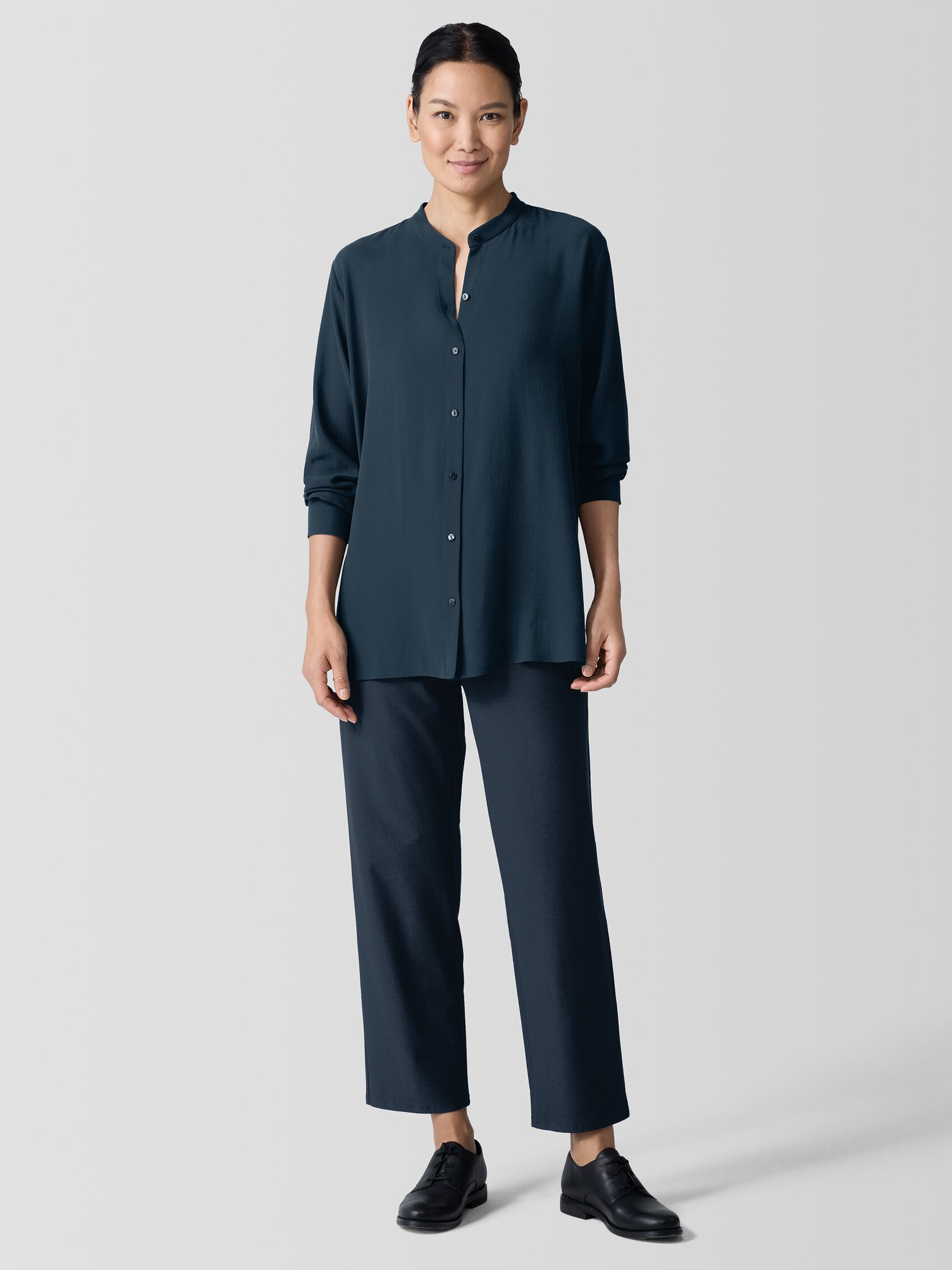 Silk Georgette Crepe Band Collar Shirt